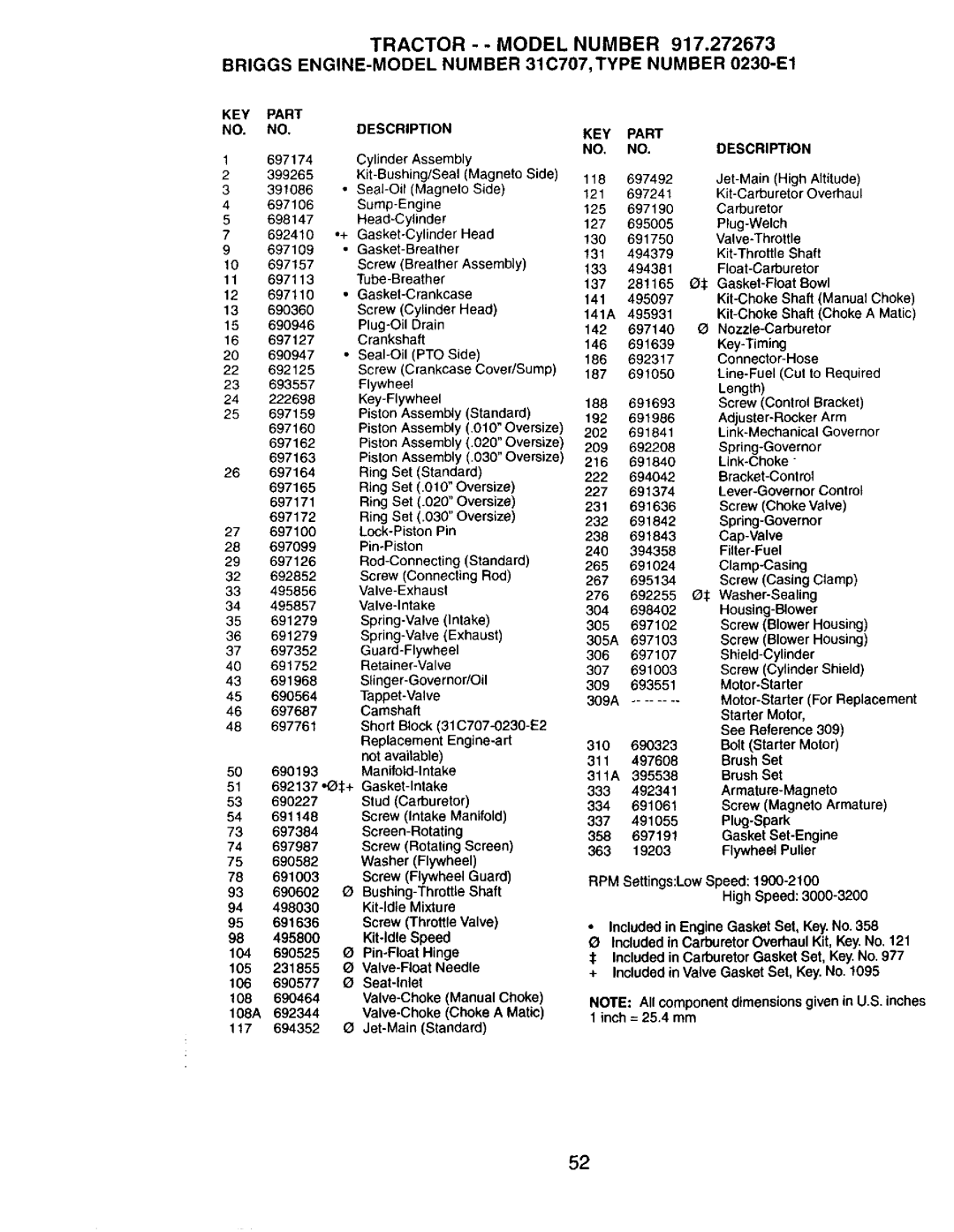 Craftsman 917272673 owner manual Tractor Model Number, 917.272673, Briggs ENGINE-MODEL Number 31C707, Type Number 0230-E1 