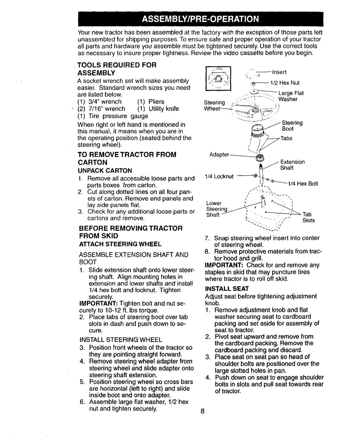 Craftsman 917272673 owner manual To Remove Tractor from, Tools Required for Assembly, Install Seat 