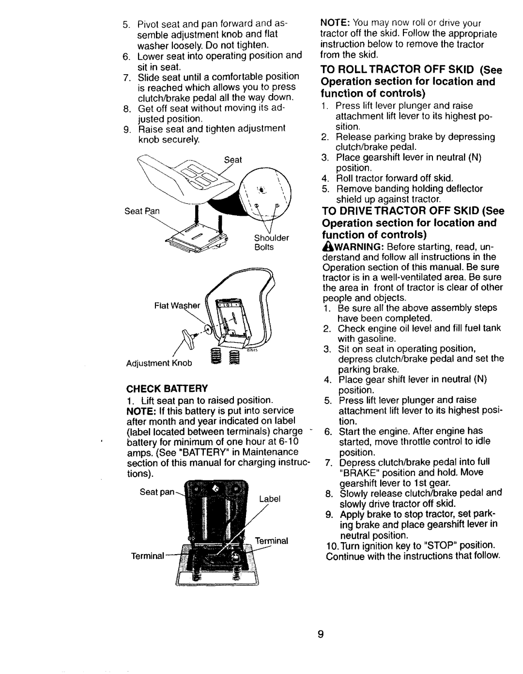 Craftsman 917272673 owner manual Check Battery, Lift seat pan to raised position 