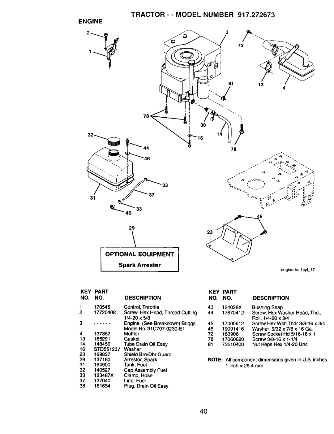 Craftsman 917272673 owner manual Engine, Spark, Part, Description 