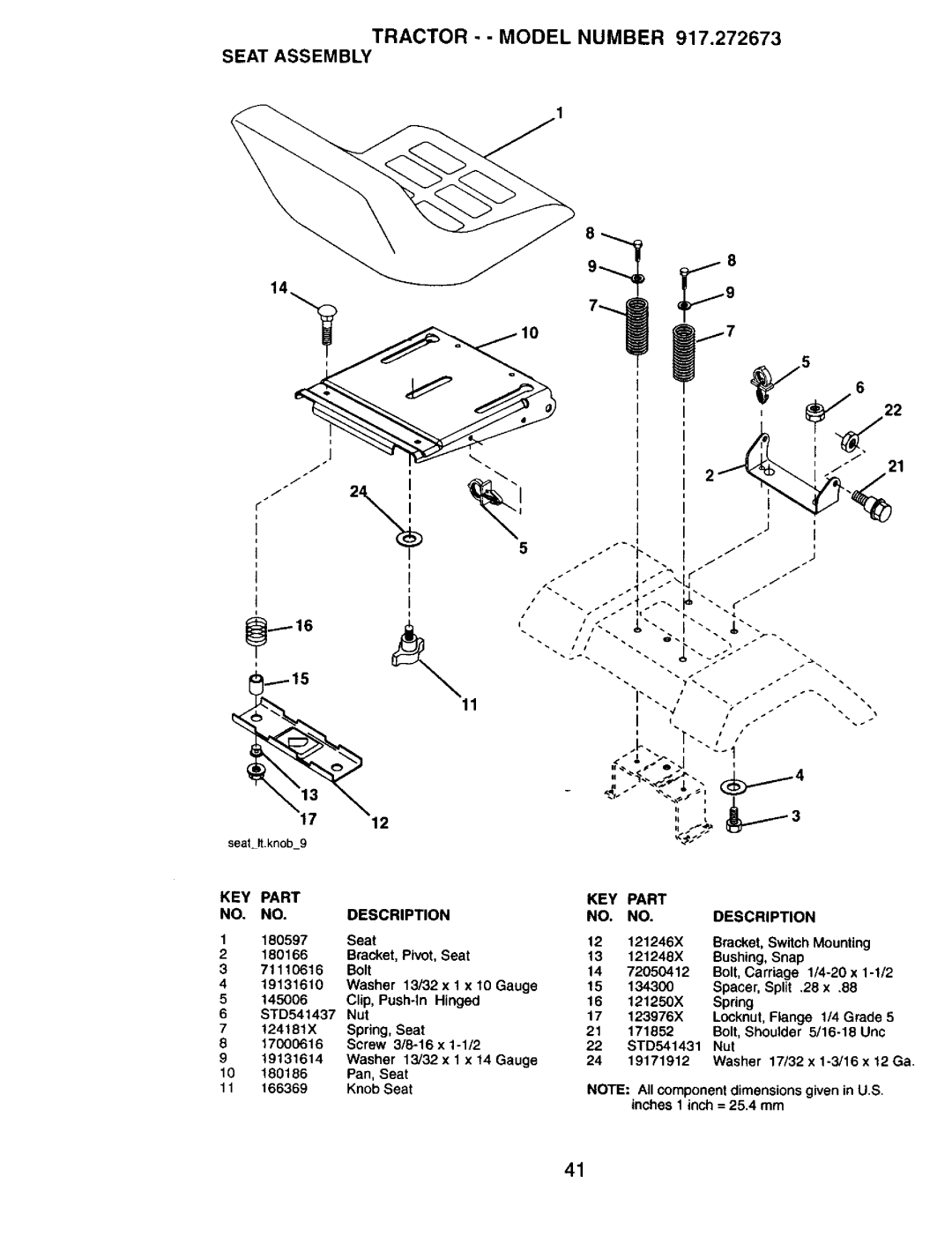 Craftsman 917272673 owner manual TRACTOR - - MODEL NUMBER 917.272673 SEAT ASSEMBLY, Part, Description 