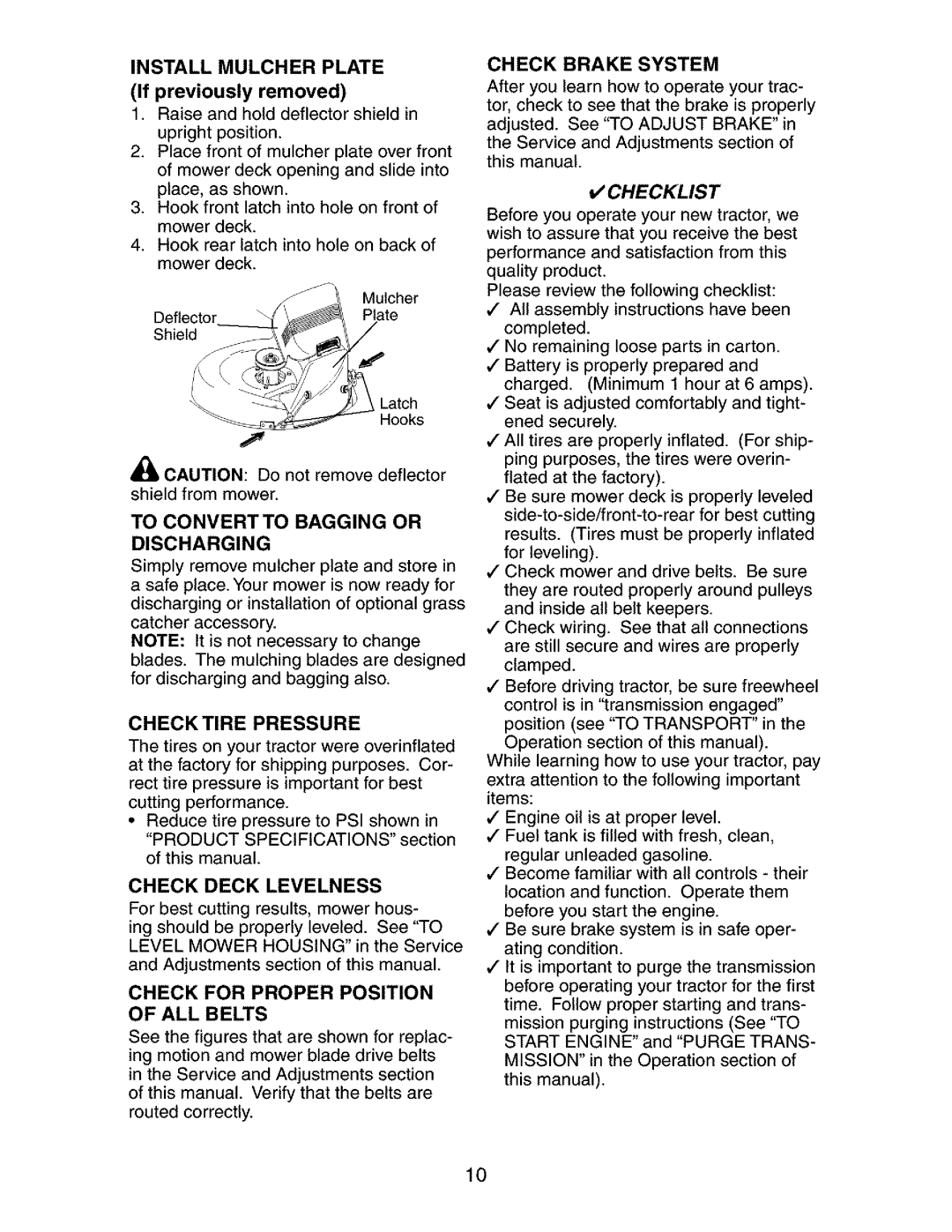 Craftsman 917.27268 manual Check Deck Levelness, Install Mulcher Plate, Discharging, Check for Proper Position of ALL Belts 