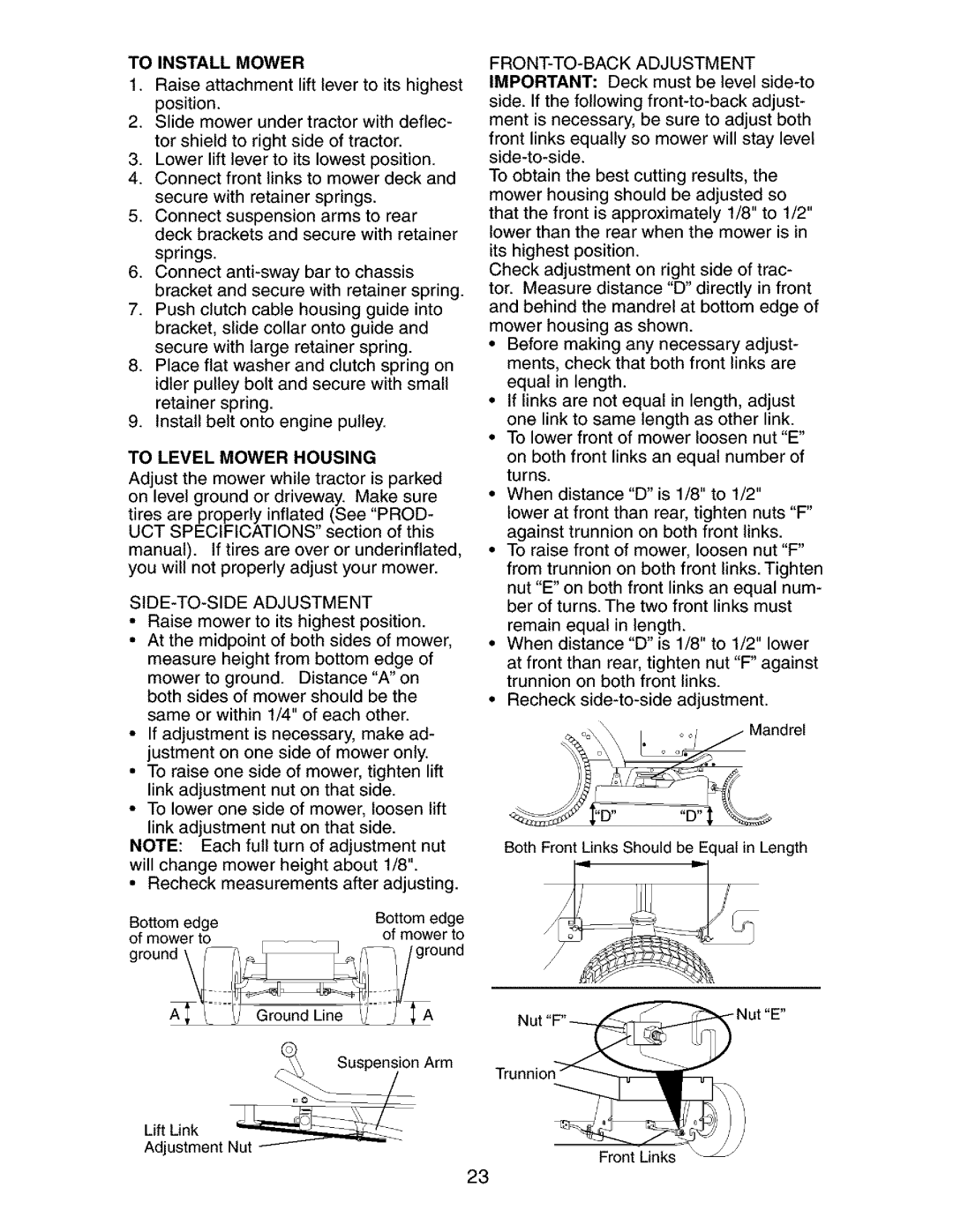 Craftsman 917.27268 manual To Level Mower Housing, SIDE-TO-SIDE Adjustment 