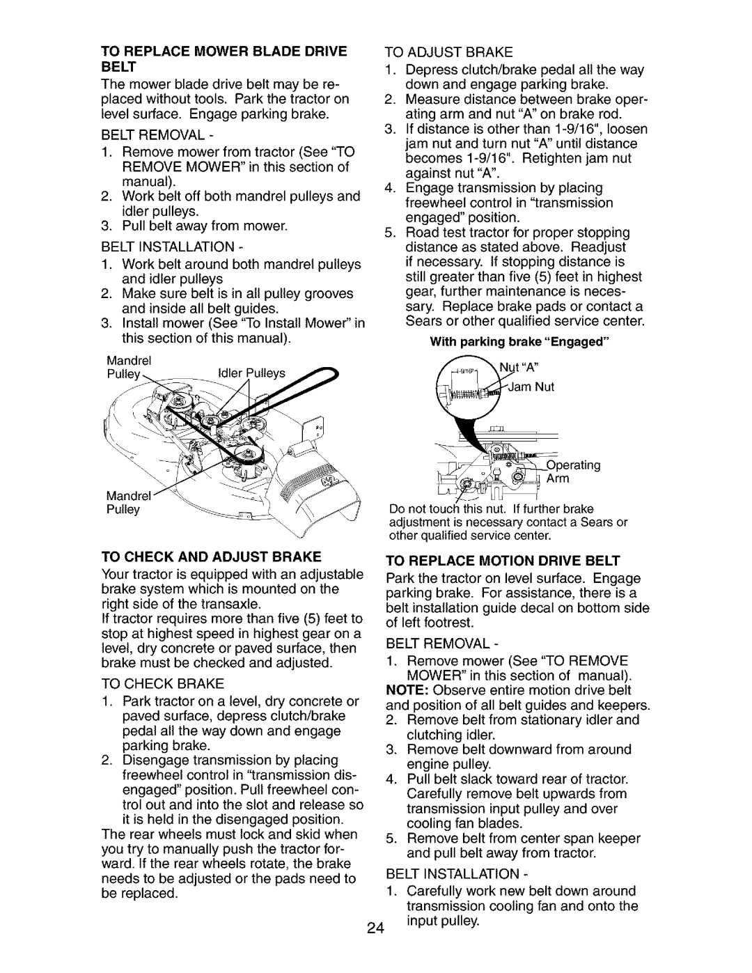 Craftsman 917.27268 manual Belt Removal, To Adjust Brake, To Check and Adjust Brake, Belt Installation 