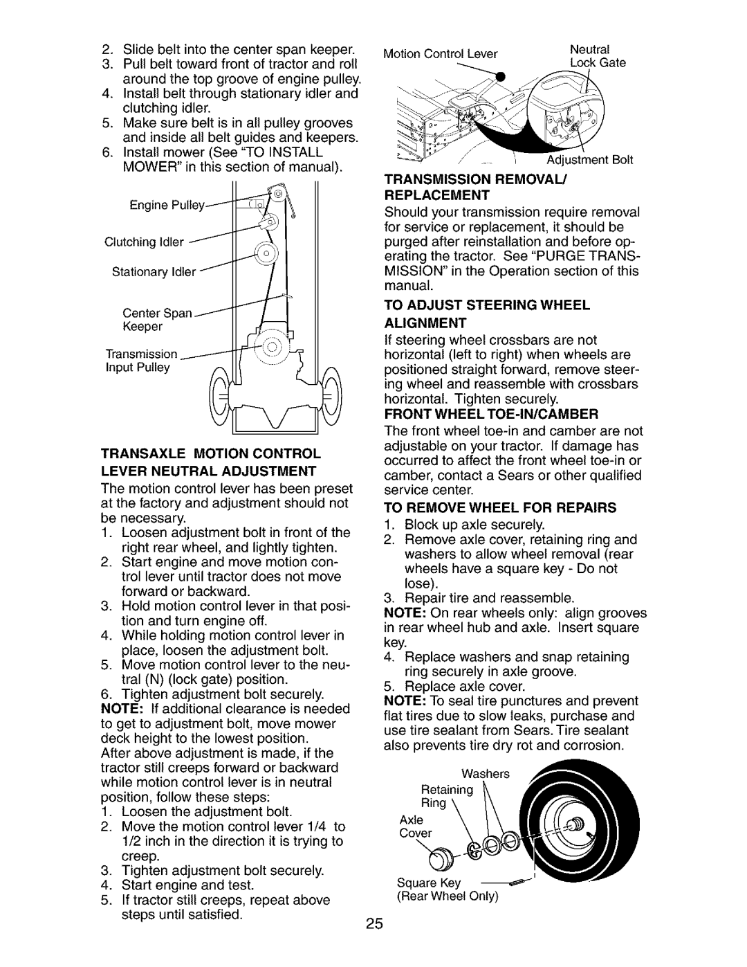 Craftsman 917.27268 Transmission Removal Replacement, Alignment, Front Wheel TOE-IN/CAMBER, To Remove Wheel for Repairs 