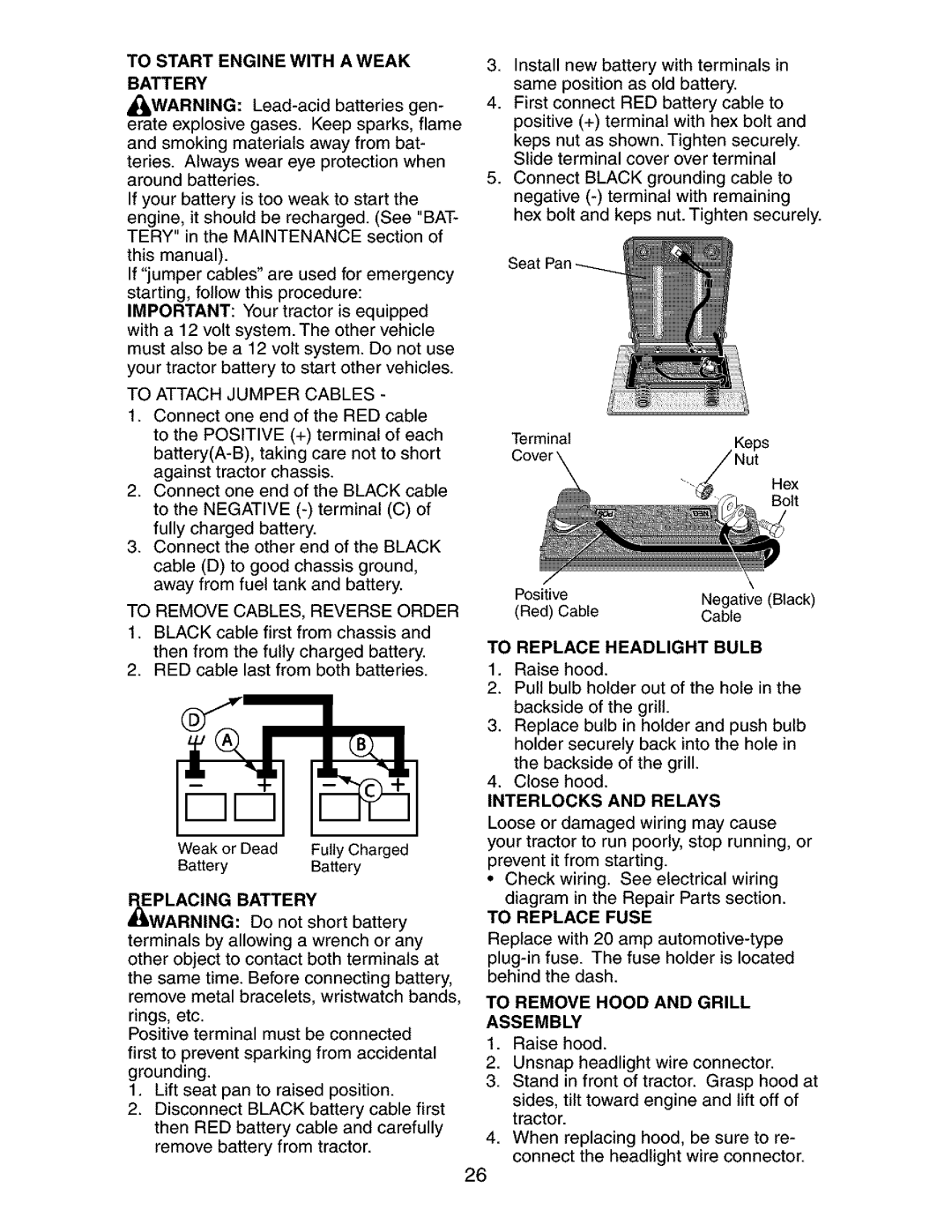 Craftsman 917.27268 To Attach Jumper Cables, Interlocks and Relays, To Replace Fuse, To Remove Hood and Grill Assembly 