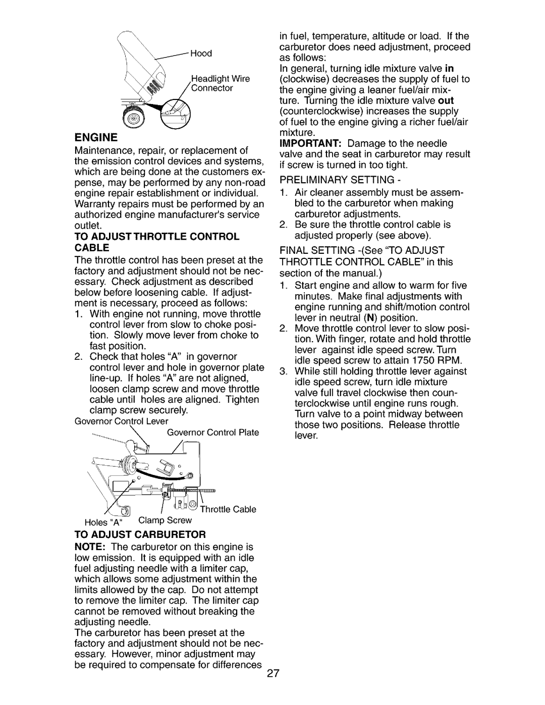 Craftsman 917.27268 manual To Adjust Throttle Control Cable, Preliminary Setting, To Adjust Carburetor 