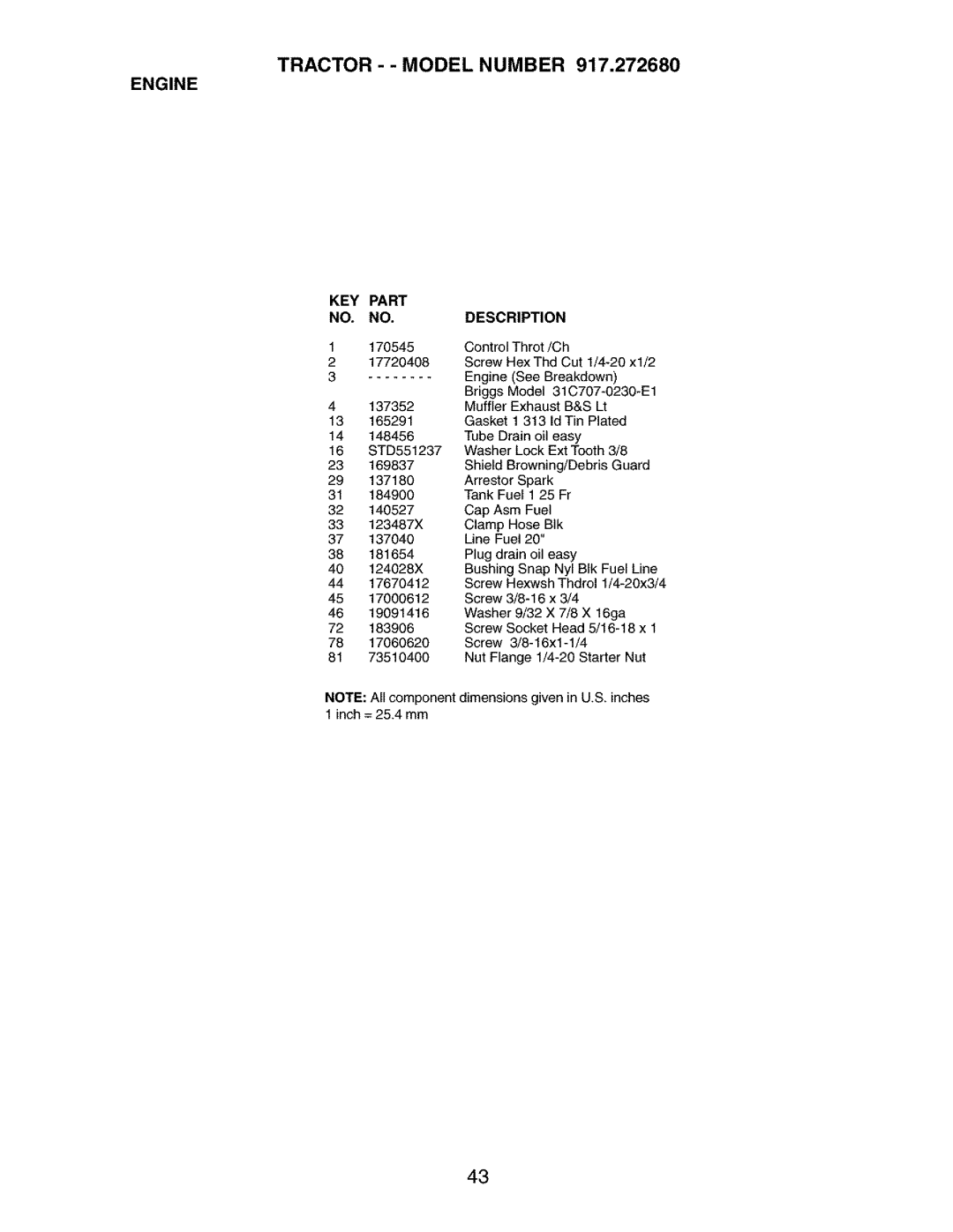 Craftsman 917.27268 manual Tractor - Model Number Engine 