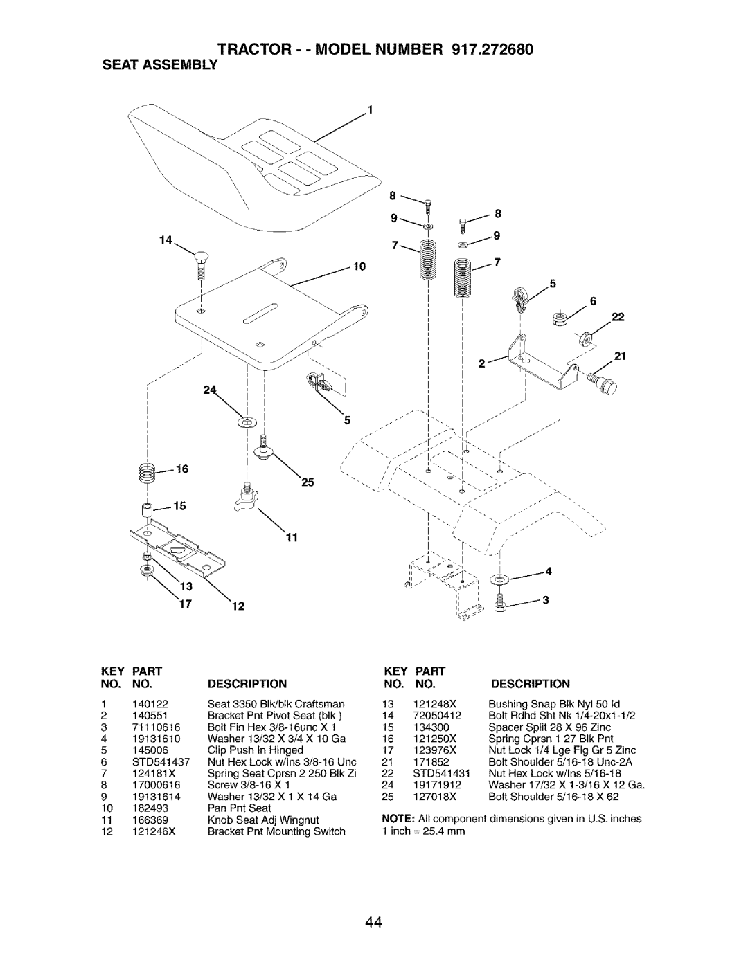 Craftsman manual Tractor - Model Number 917.272680 Seat Assembly, KEY Part Description 