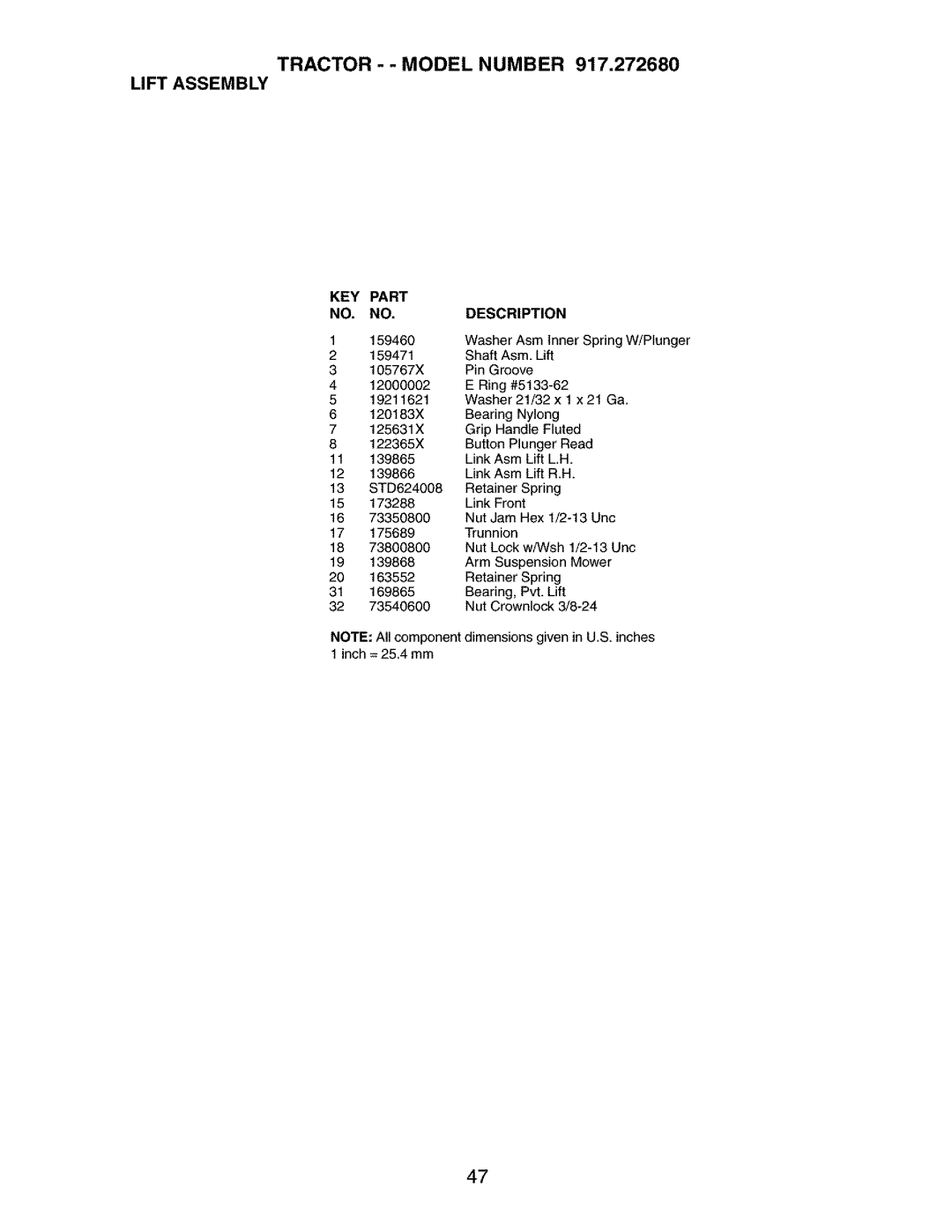 Craftsman 917.27268 manual Tractor - Model Number Lift Assembly 