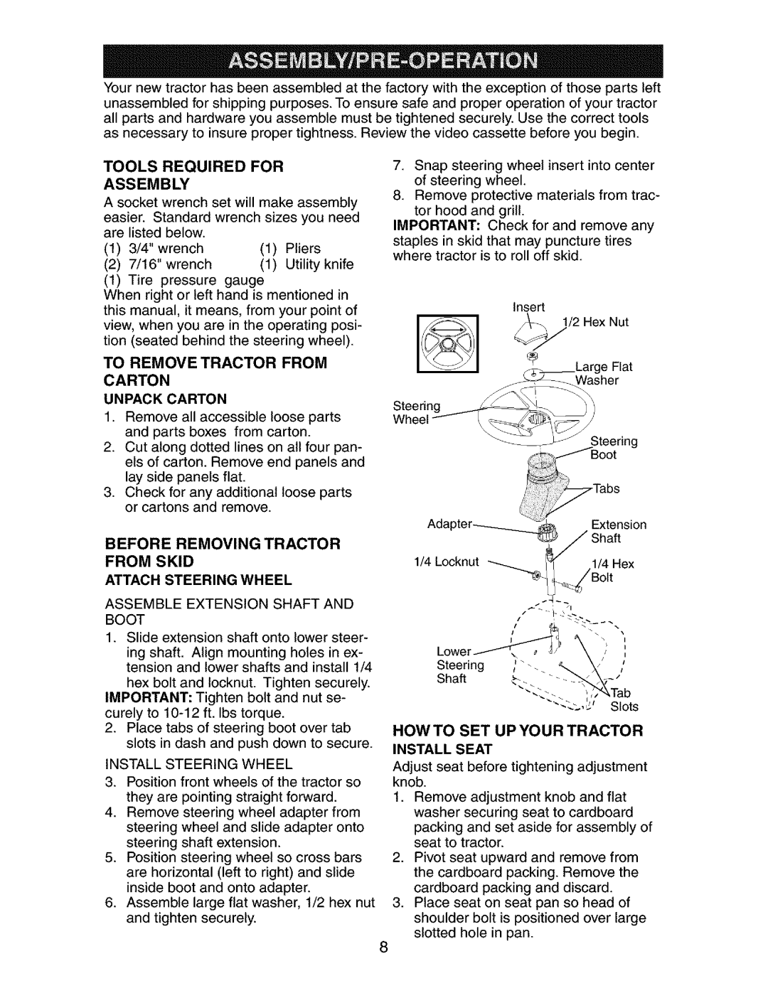 Craftsman 917.27268 manual Howto SET UP Your Tractor, Tools Required for Assembly, To Remove Tractor from, Install Seat 