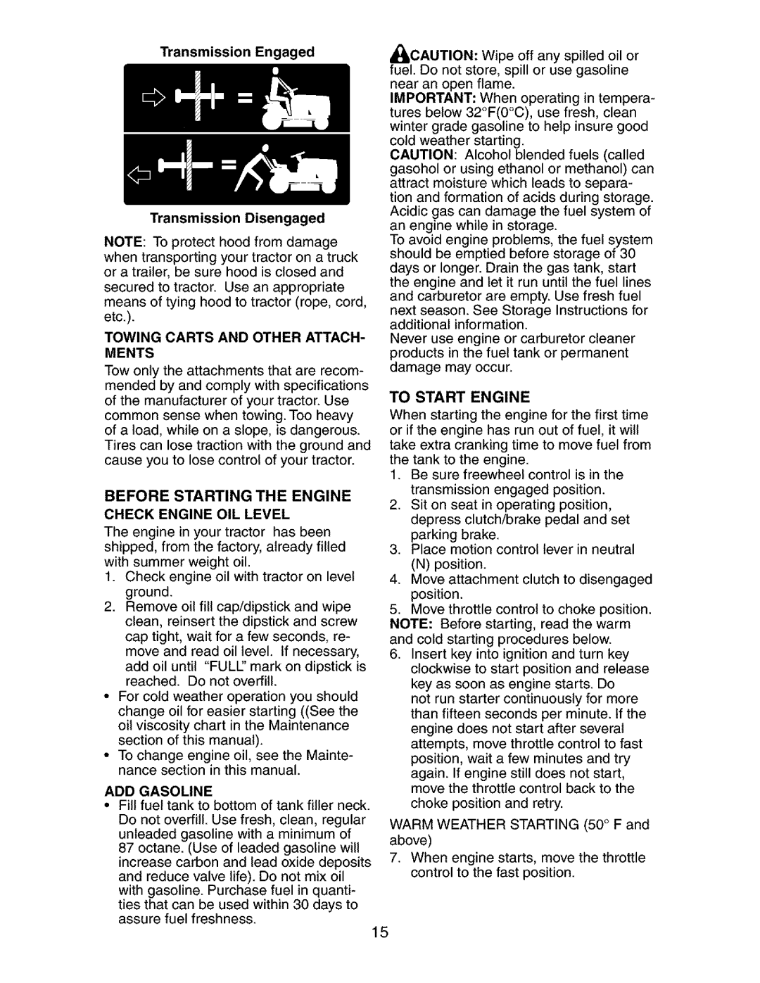 Craftsman 917.272762 manual Before Starting the Engine, Towing Carts and Other ATTACH- Ments, Check Engine OIL Level 