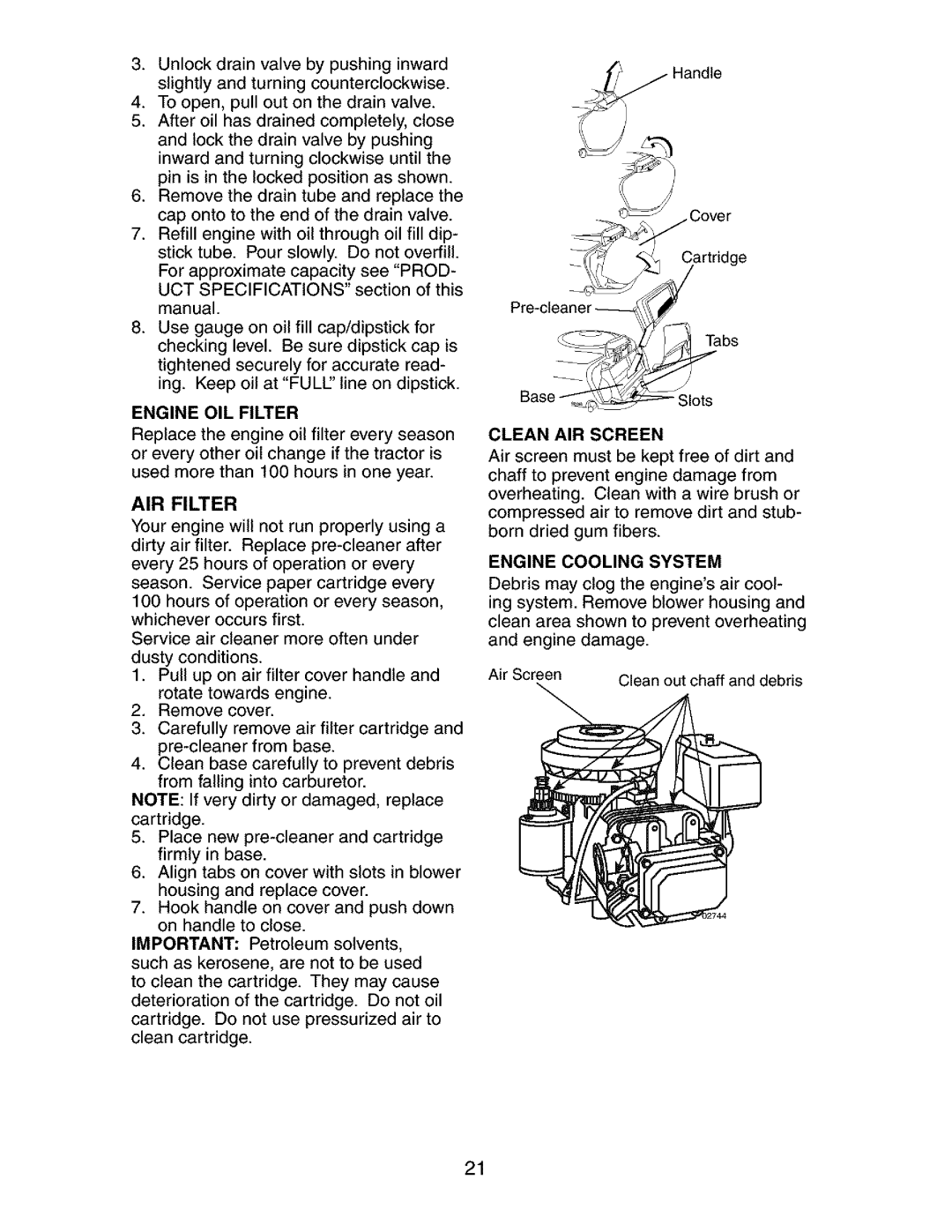 Craftsman 917.272762 manual AIR Filter, Engine OIL Filter, Clean AIR Screen 