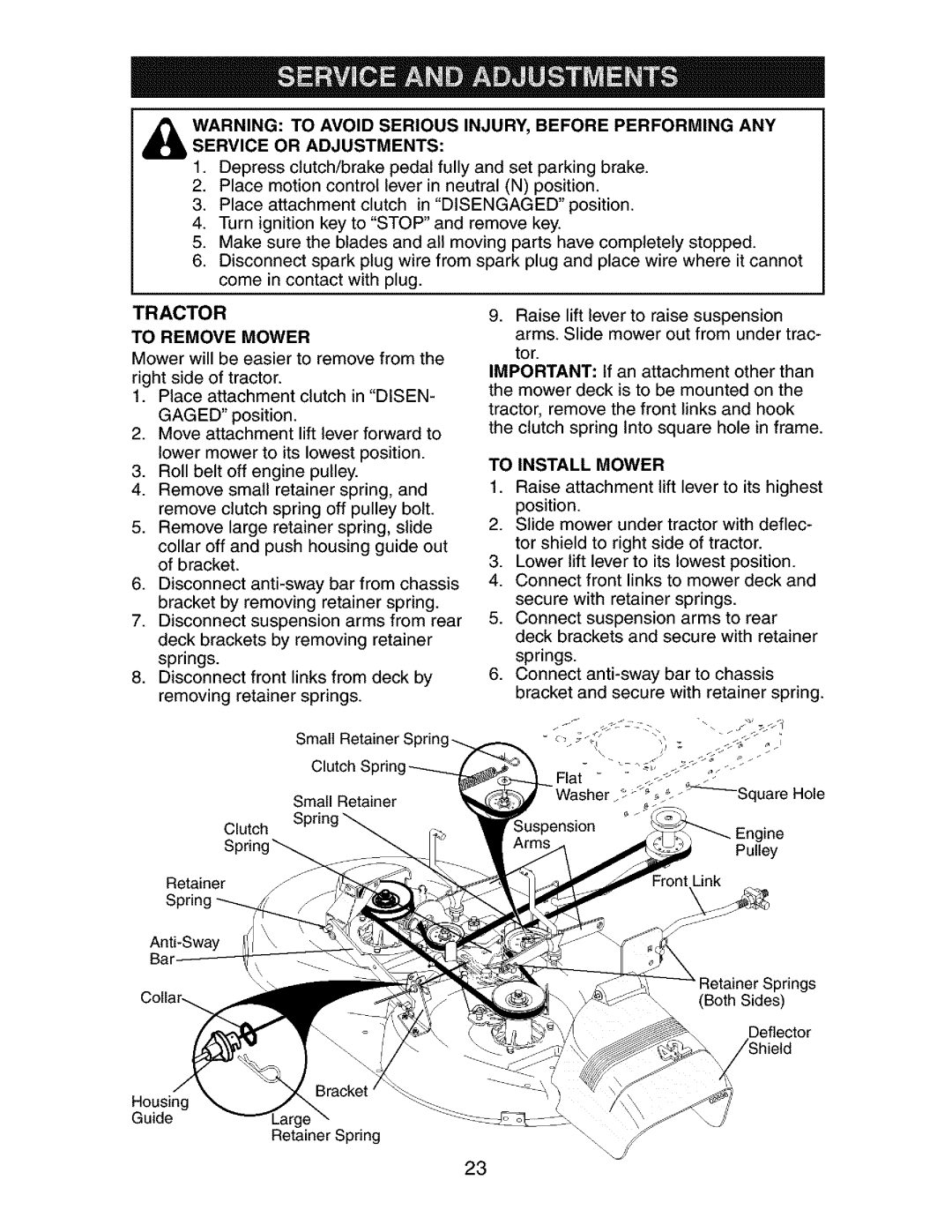 Craftsman 917.272762 manual Tractor, Service or Adjustments, To Remove Mower, To Install Mower 