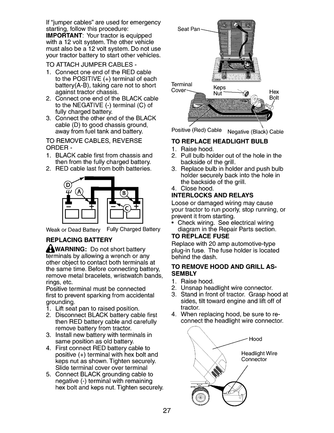 Craftsman 917.272762 manual To Attach Jumper Cables, Replacing Battery, Interlocks and Relays, To Replace Fuse 