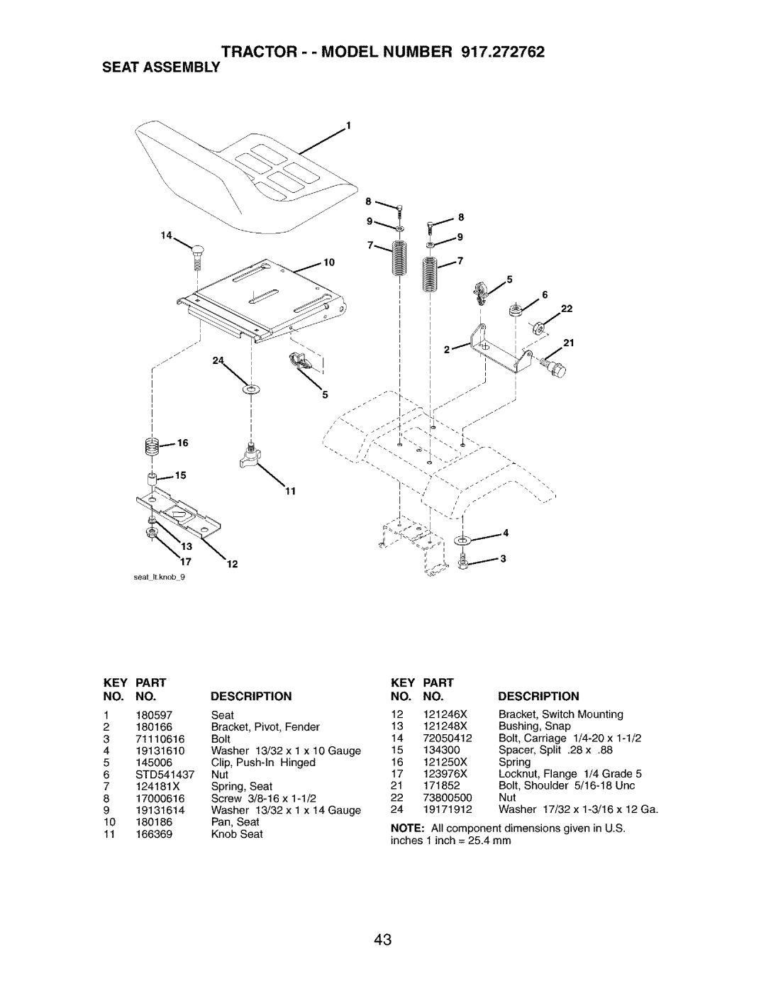 Craftsman 917.272762 manual Tractor - Model Number Seat Assembly, Bolt 