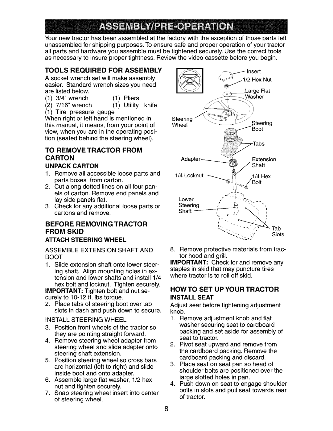 Craftsman 917.272762 manual Howto SET UP Your Tractor, Tools Required for Assembly, To Remove Tractor from 