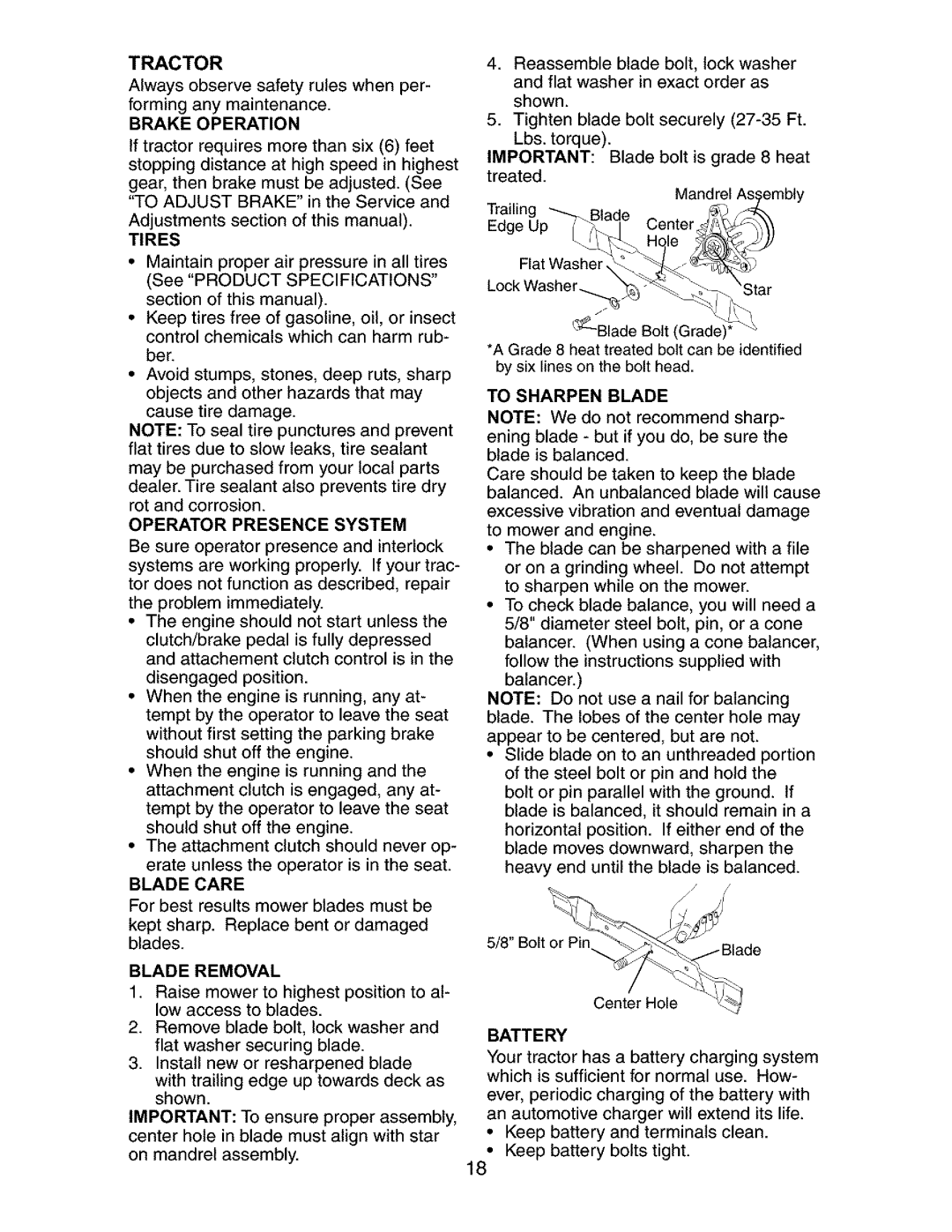 Craftsman 917.27285 owner manual Tractor, Brake Operation, Blade Removal, Battery 