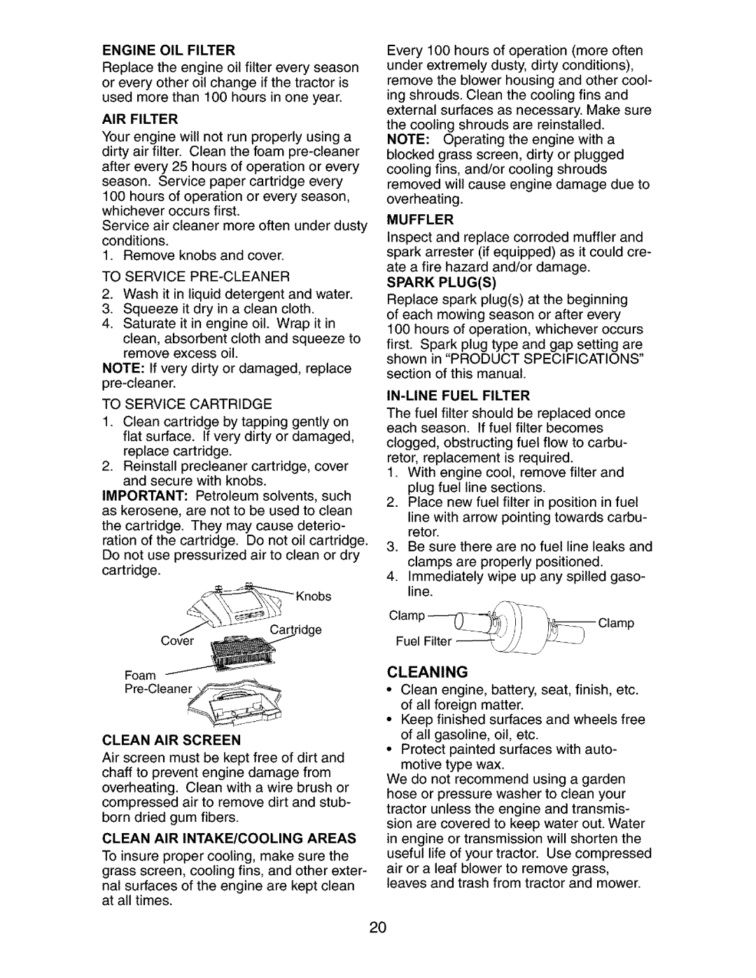 Craftsman 917.27285 owner manual AIR Filter, To Service Cartridge, Spark Plugs, Cleaning 