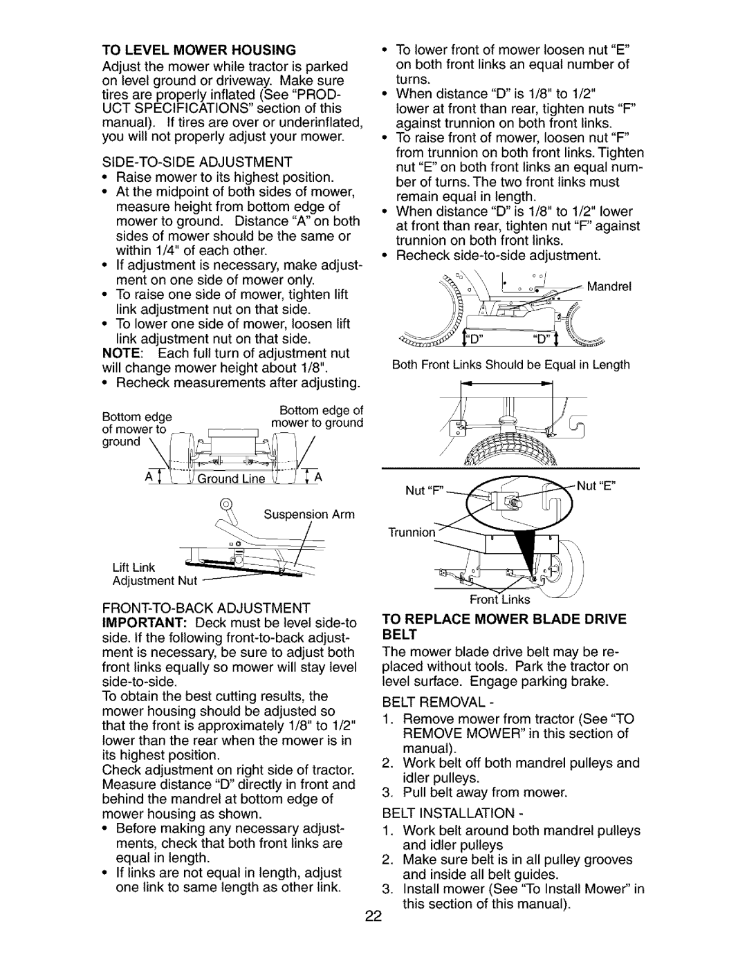 Craftsman 917.27285 owner manual To Level Mower Housing, SIDE-TO-SIDE Adjustment, Belt Removal 