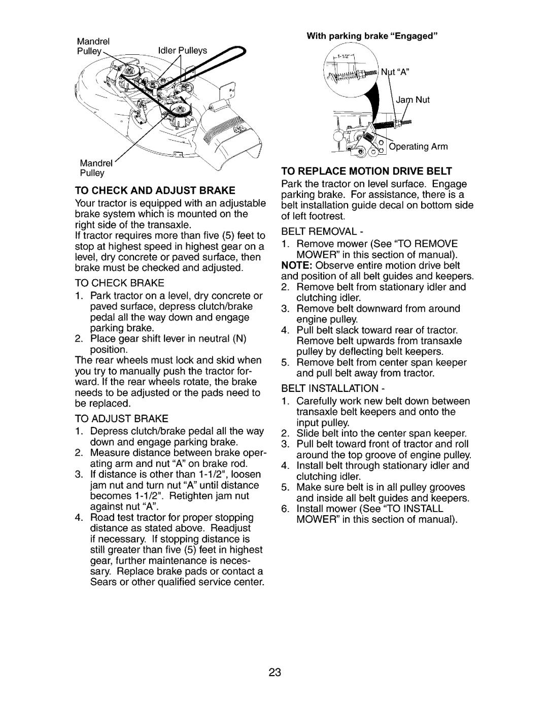 Craftsman 917.27285 owner manual To Adjust Brake, Belt Installation 