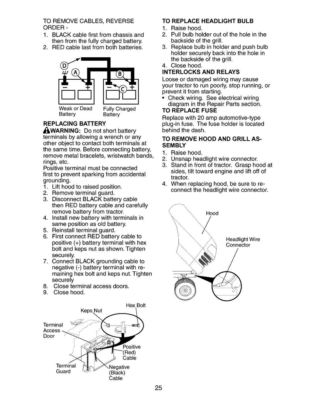 Craftsman 917.27285 owner manual Replacing Battery, To Replace Headlight Bulb, Interlocks and Relays, To Replace Fuse 