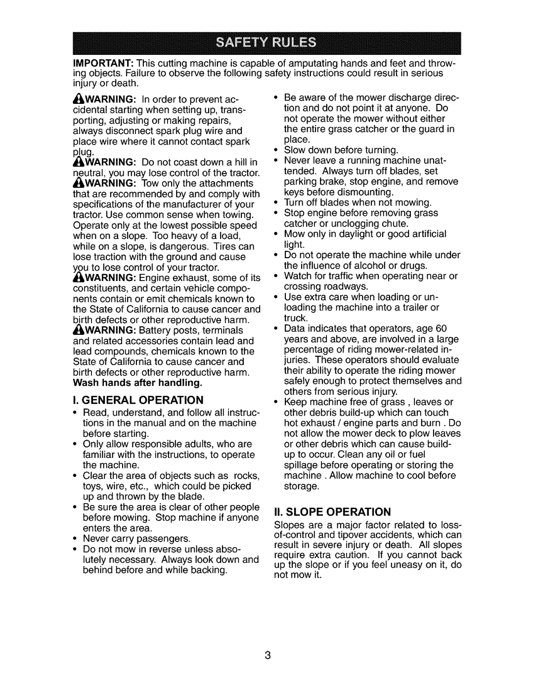 Craftsman 917.27285 owner manual II. Slope Operation, General Operation 