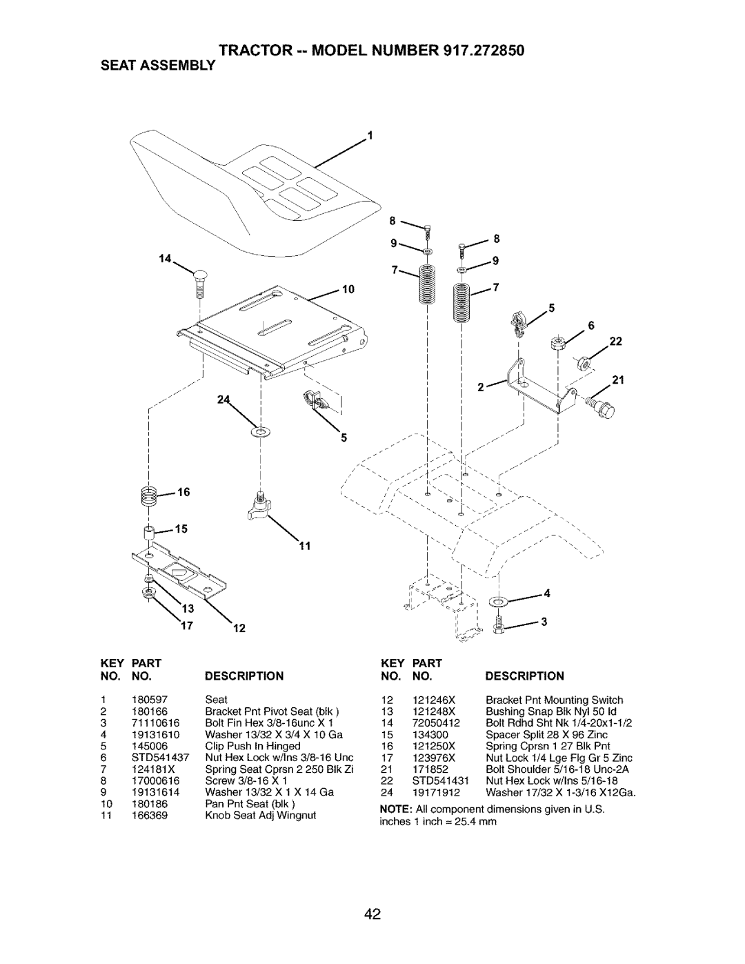 Craftsman 917.27285 owner manual Tractor -- Model Number Seat Assembly 