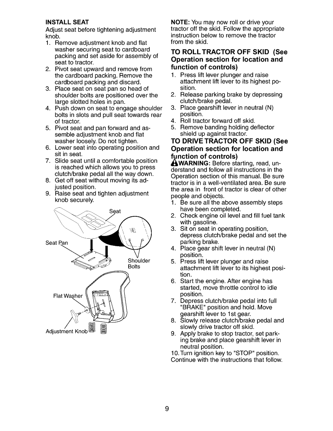 Craftsman 917.27285 owner manual Install Seat 