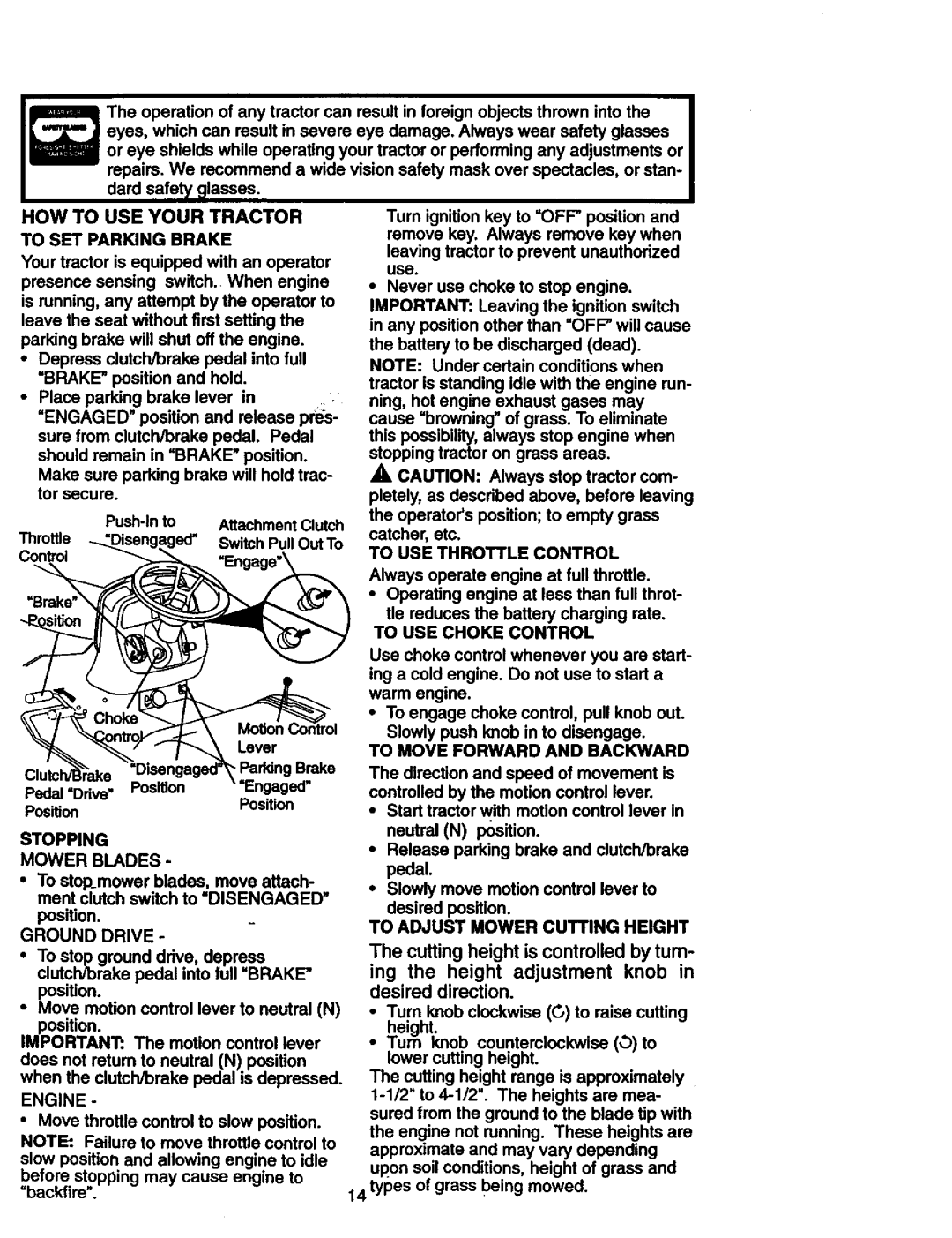 Craftsman 917.27306 To SET Parking Brake, Stopping Mower Blades, Ground Drive, Engine, To Move Forward and Backward 