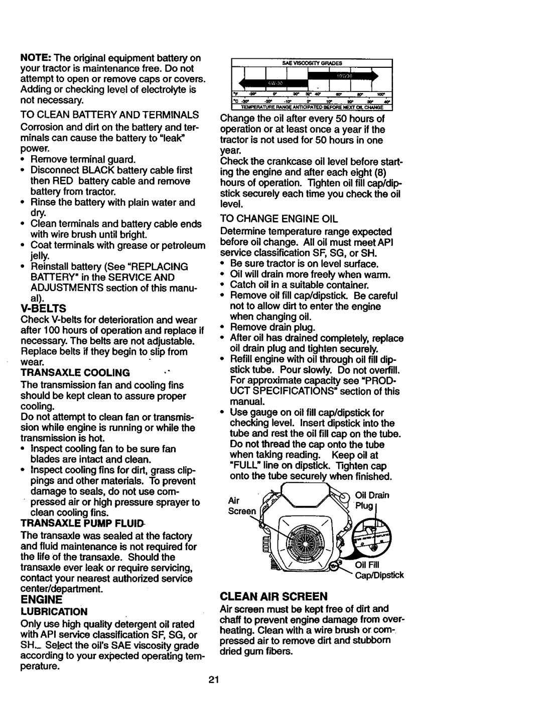 Craftsman 917.27306 owner manual Belts, Transaxle Cooling, Transaxle Pump Fluid, Engine Lubrication, Clean AIR Screen 