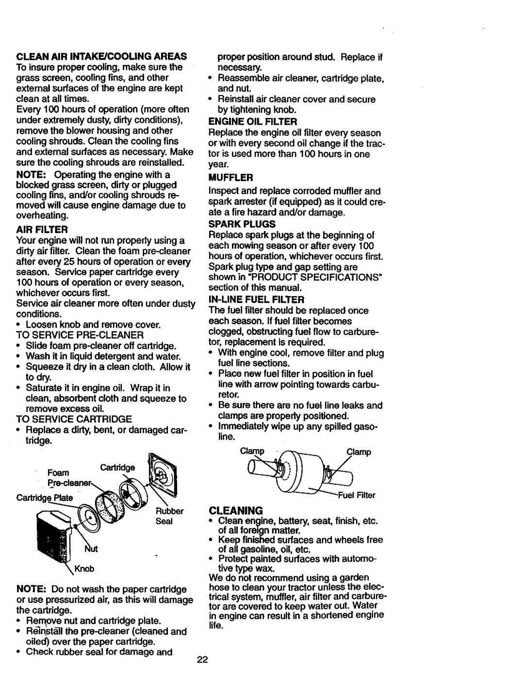 Craftsman 917.27306 owner manual AIR Filter, To Service PRE-CLEANER, To Service Cartridge, Spark Plugs, IN-LINE Fuel Filter 