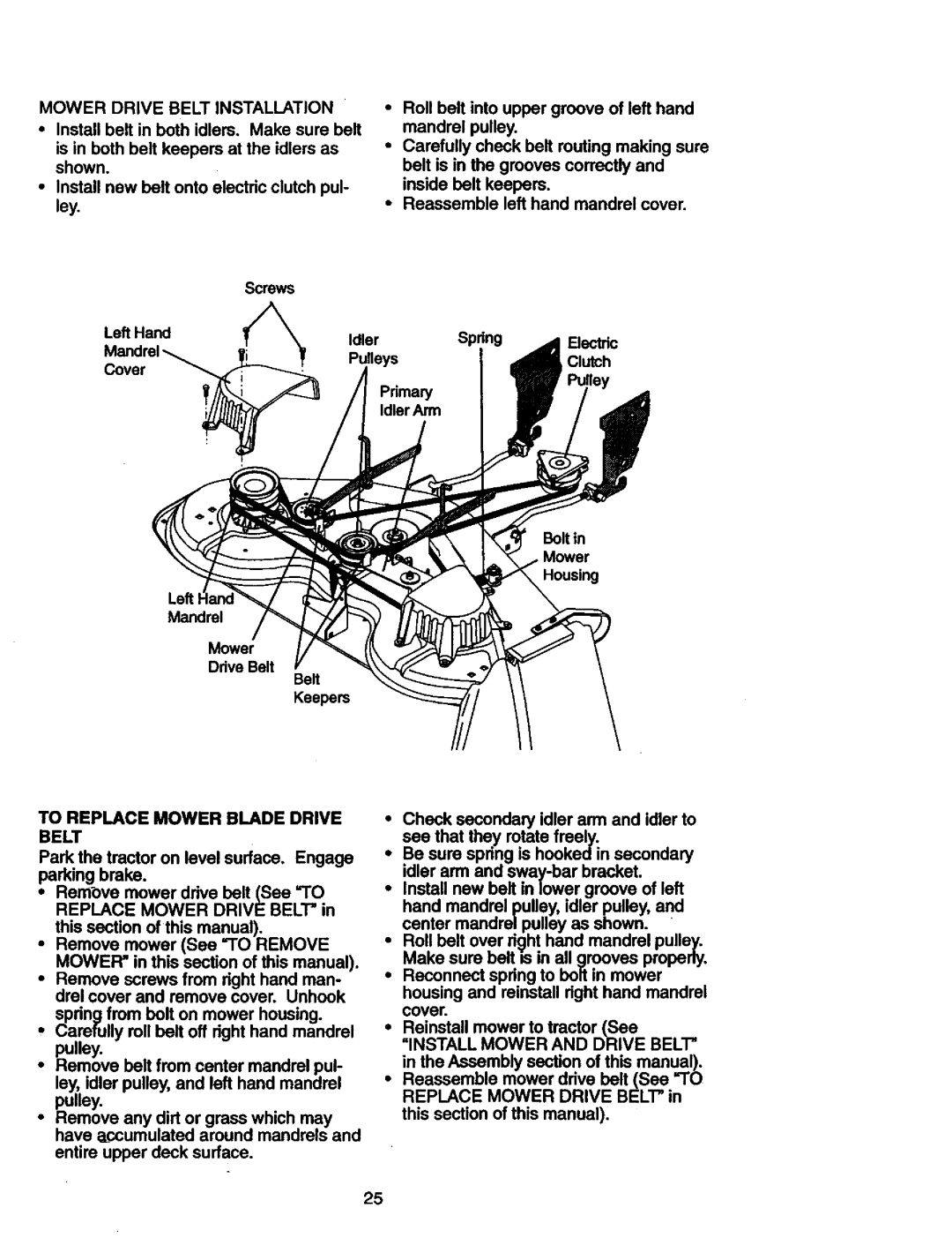 Craftsman 917.27306 owner manual To Replace Mower Blade Drive Belt, Mower Drive Belt Installation 