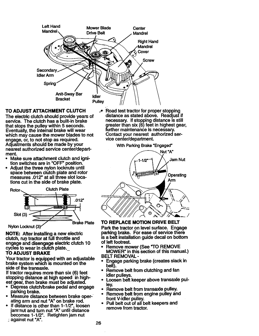 Craftsman 917.27306 owner manual To Replace Motion Drive Belt, To Adjust Attachment Clutch, To Adjust Brake, Belt Removal 