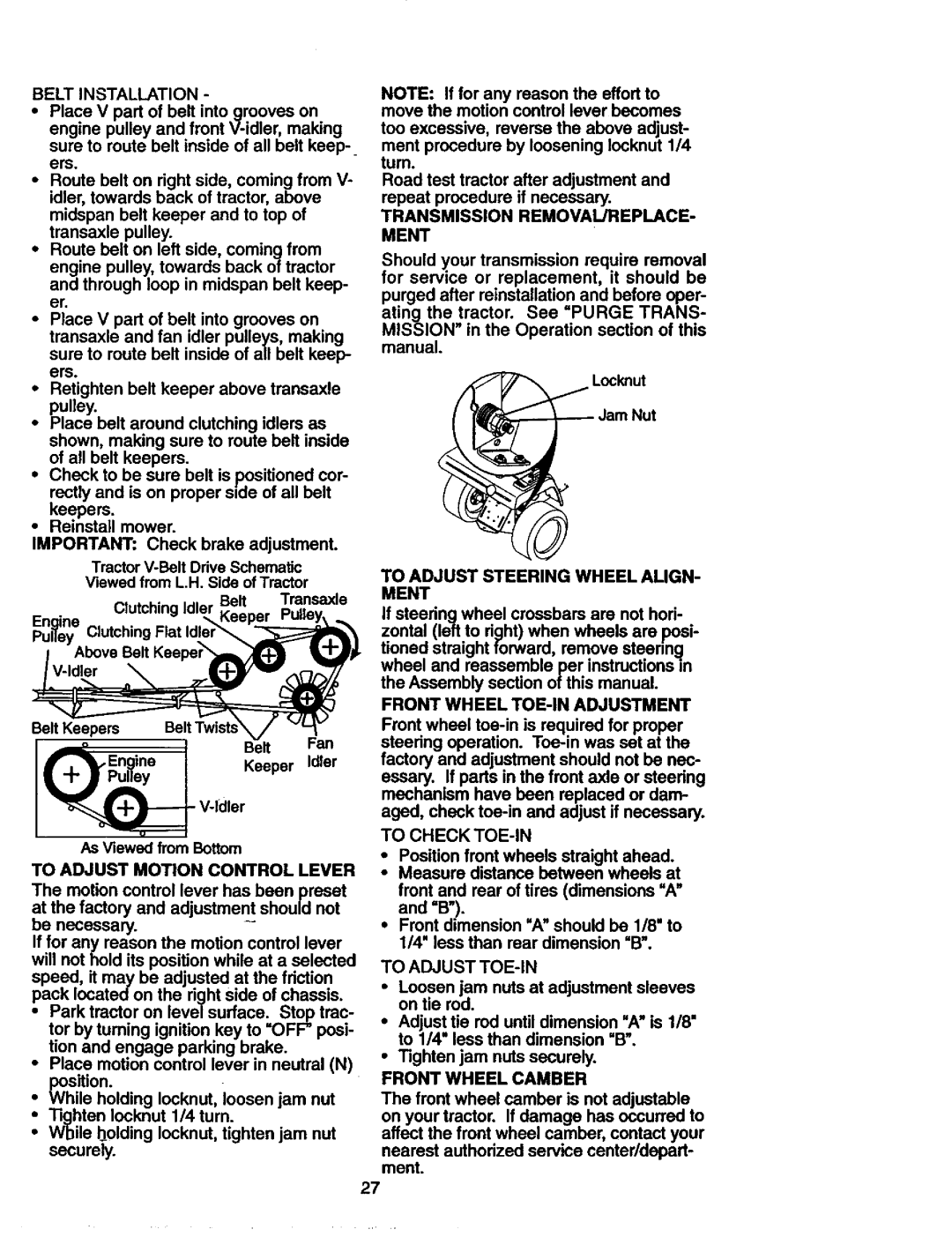 Craftsman 917.27306 To Adjust Motion Control Lever, Transmission REMOVAL/REPLACE- Ment, Front Wheel TOE-IN Adjustment 