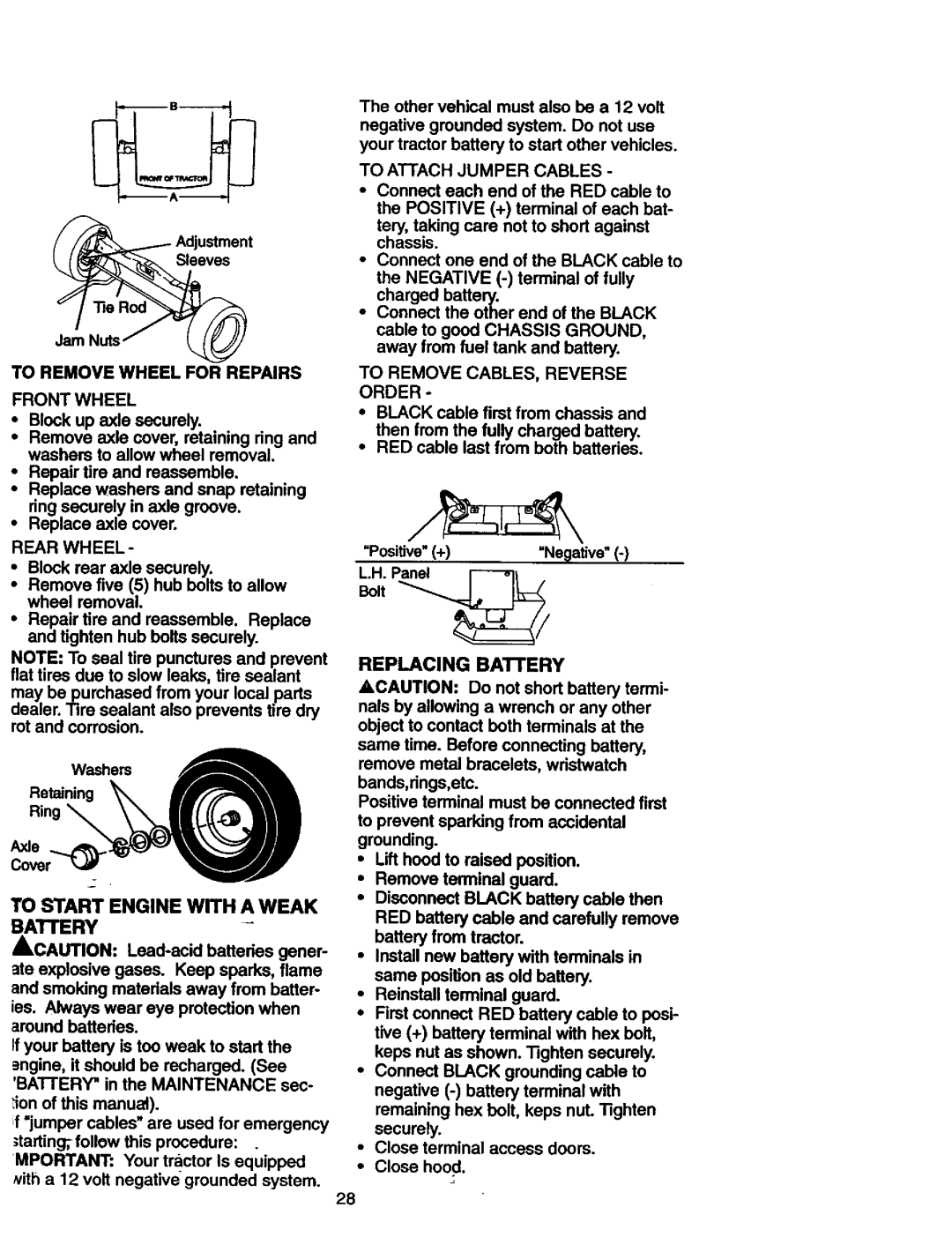 Craftsman 917.27306 owner manual Front Wheel, Rear Wheel, To Start Engine with a Weak Battery, To Attach Jumper Cables 