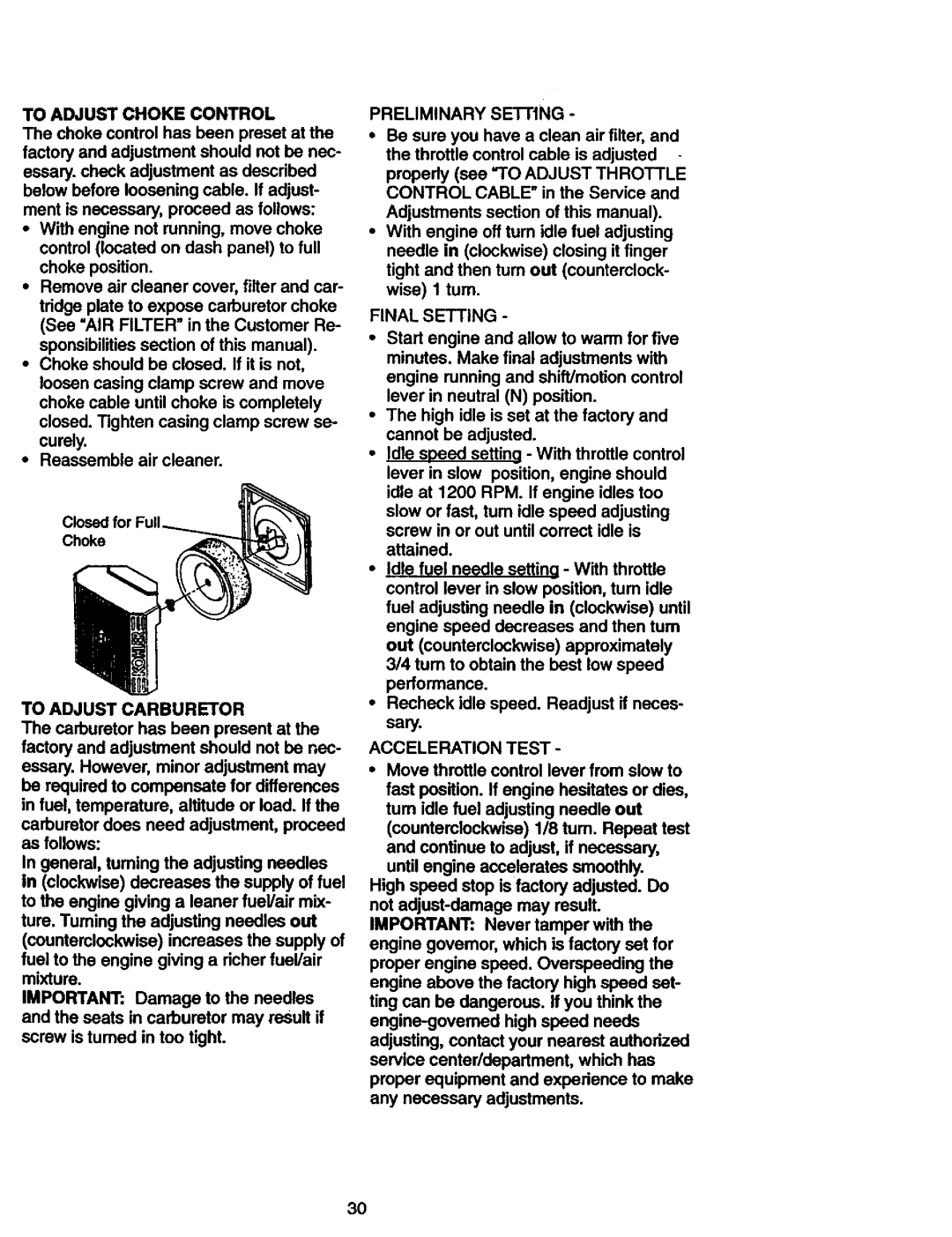 Craftsman 917.27306 owner manual To Adjust Choke Control, To Adjust Carburetor, Final Setting, Acceleration Test 