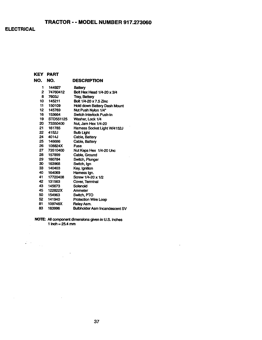 Craftsman 917.27306 owner manual Tractor - Model Number, Electrical KEY Part Description 