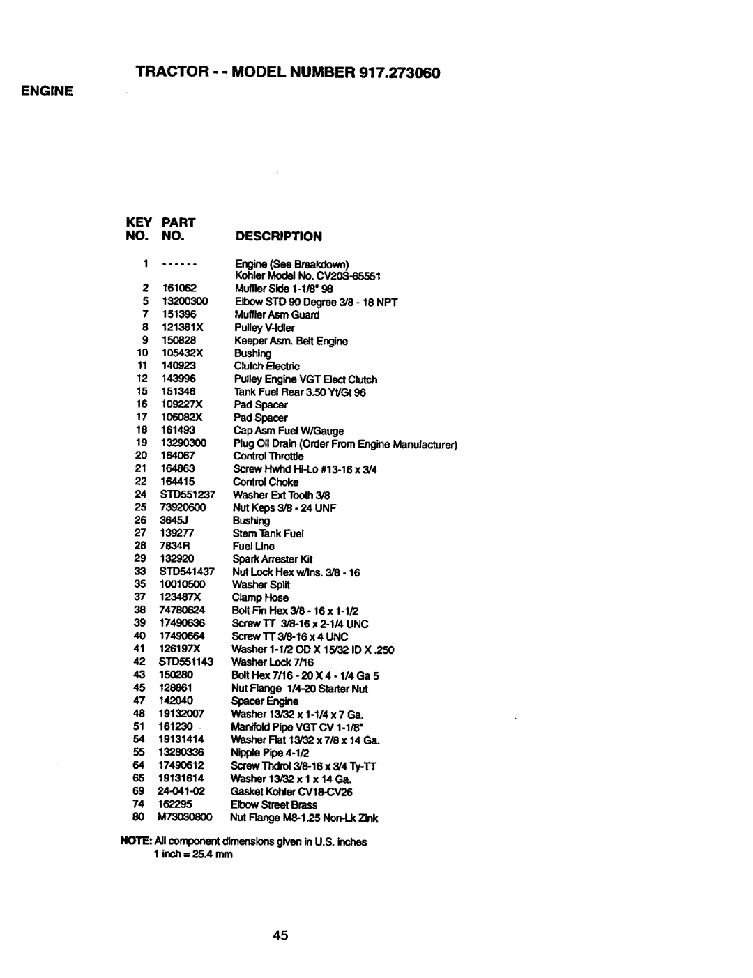 Craftsman 917.27306 owner manual Engine, KEY Part NO. NO.DESCRIPTION 