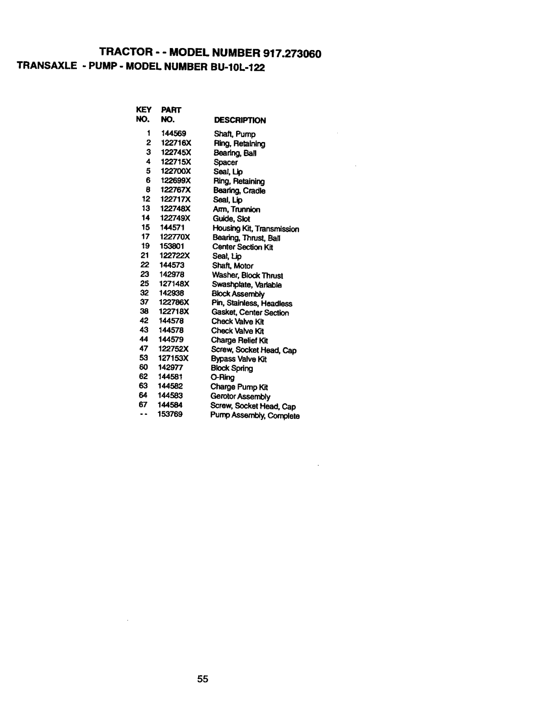 Craftsman 917.27306 owner manual Tractor - Model Number Transaxle Pump Model Number, BU-10L-122 