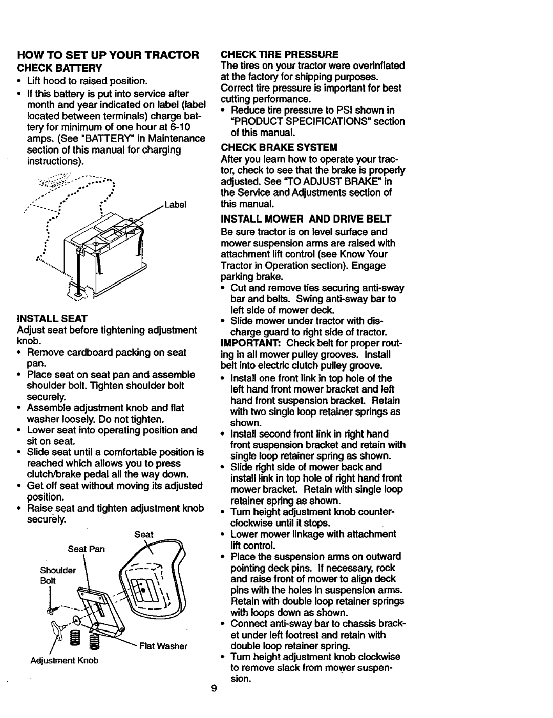 Craftsman 917.27306 HOW to SET UP Your Tractor Check Battery, Check Tire Pressure, Check Brake System, Install Seat 