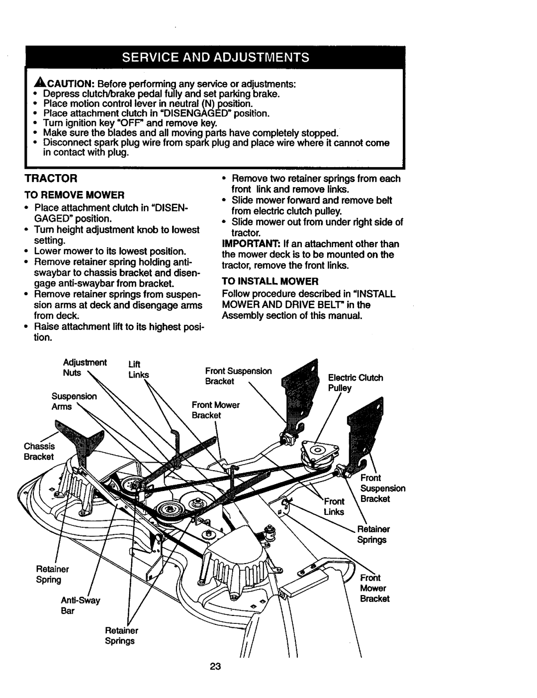 Craftsman 917.27306 AdiusVnent, Lift, Tractor To Remove Mower, To Install Mower, Assembly section of this manual 
