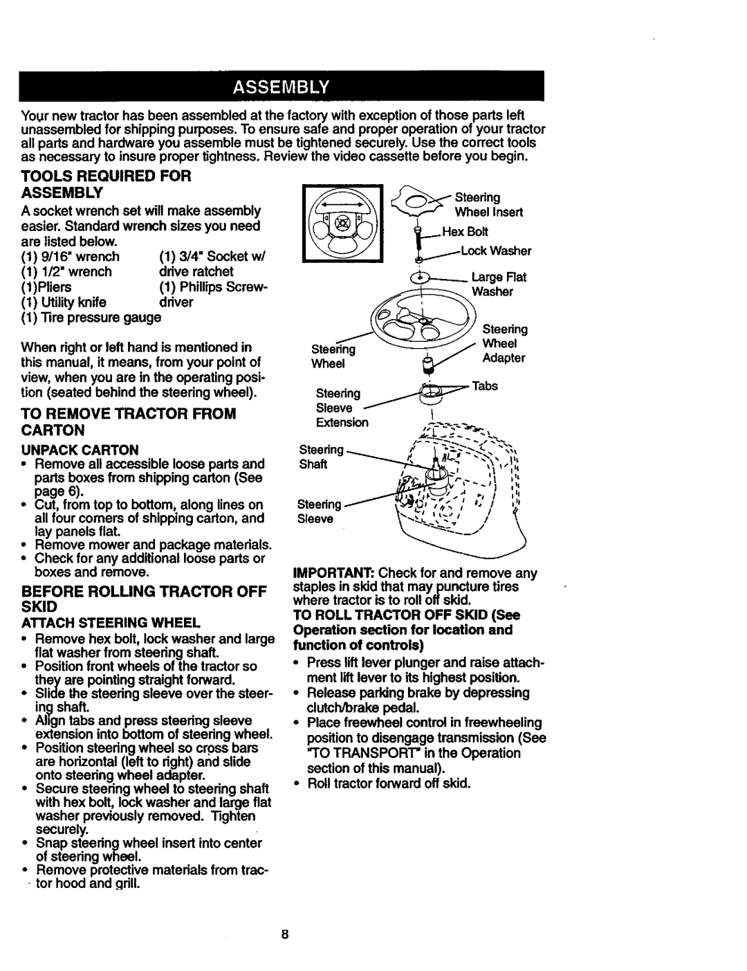 Craftsman 917.27306 owner manual Tools Required For Assembly, To Remove Tractor From Carton 