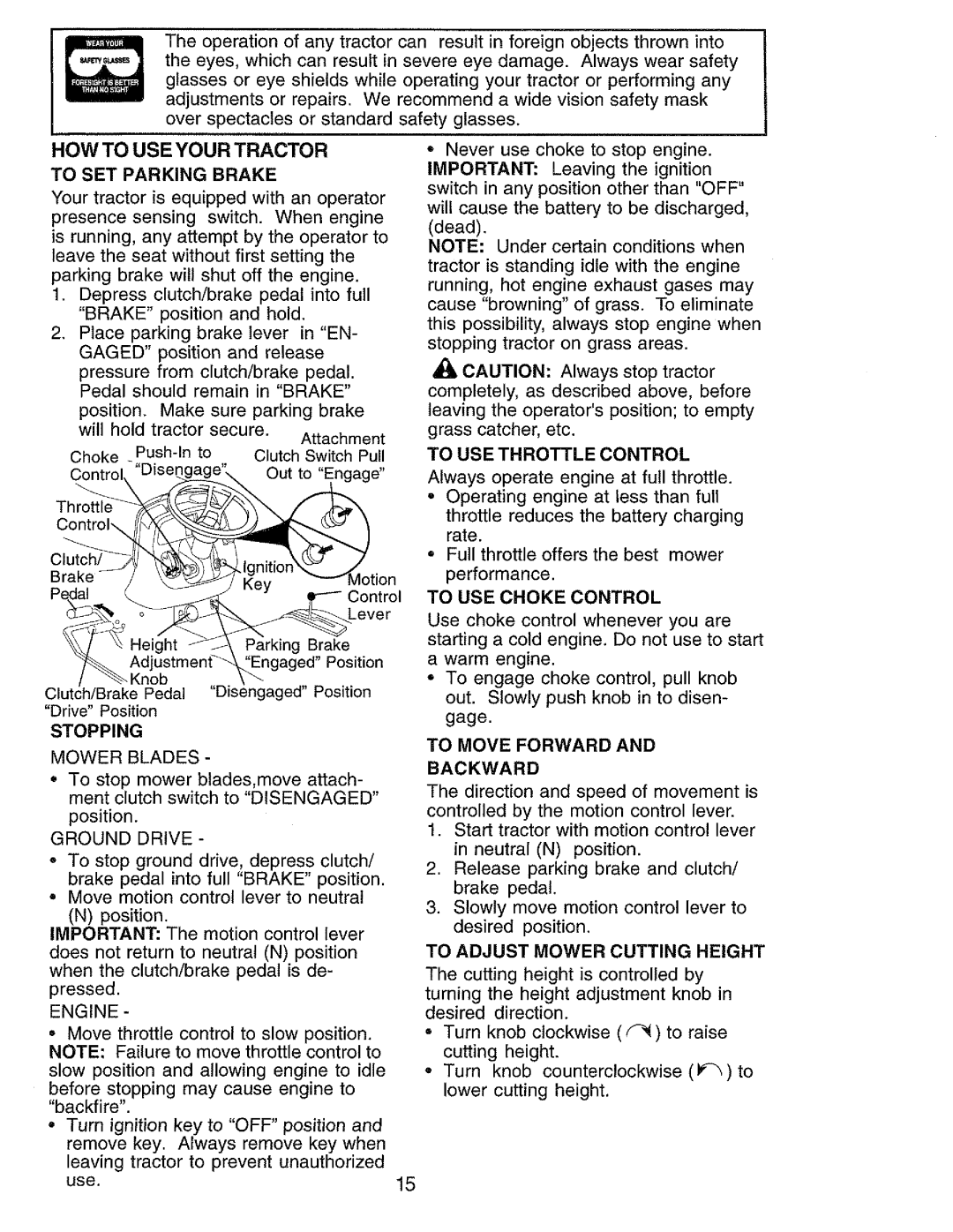 Craftsman 917.273062 owner manual HOW to USE Your Tractor, To SET Parking Brake, To Move Forward Backward 