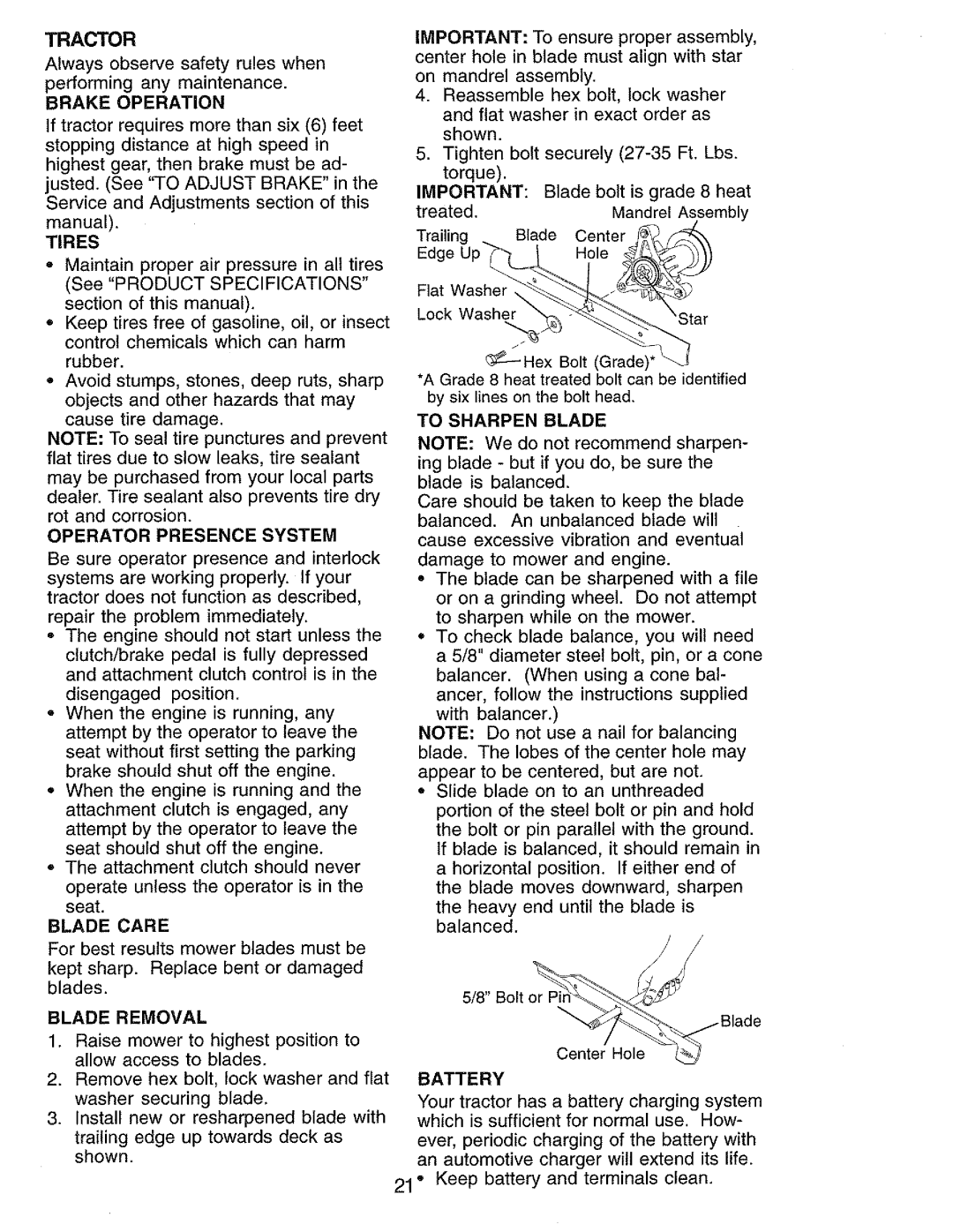 Craftsman 917.273062 owner manual Operator Presence System, Blade Removal, Battery 