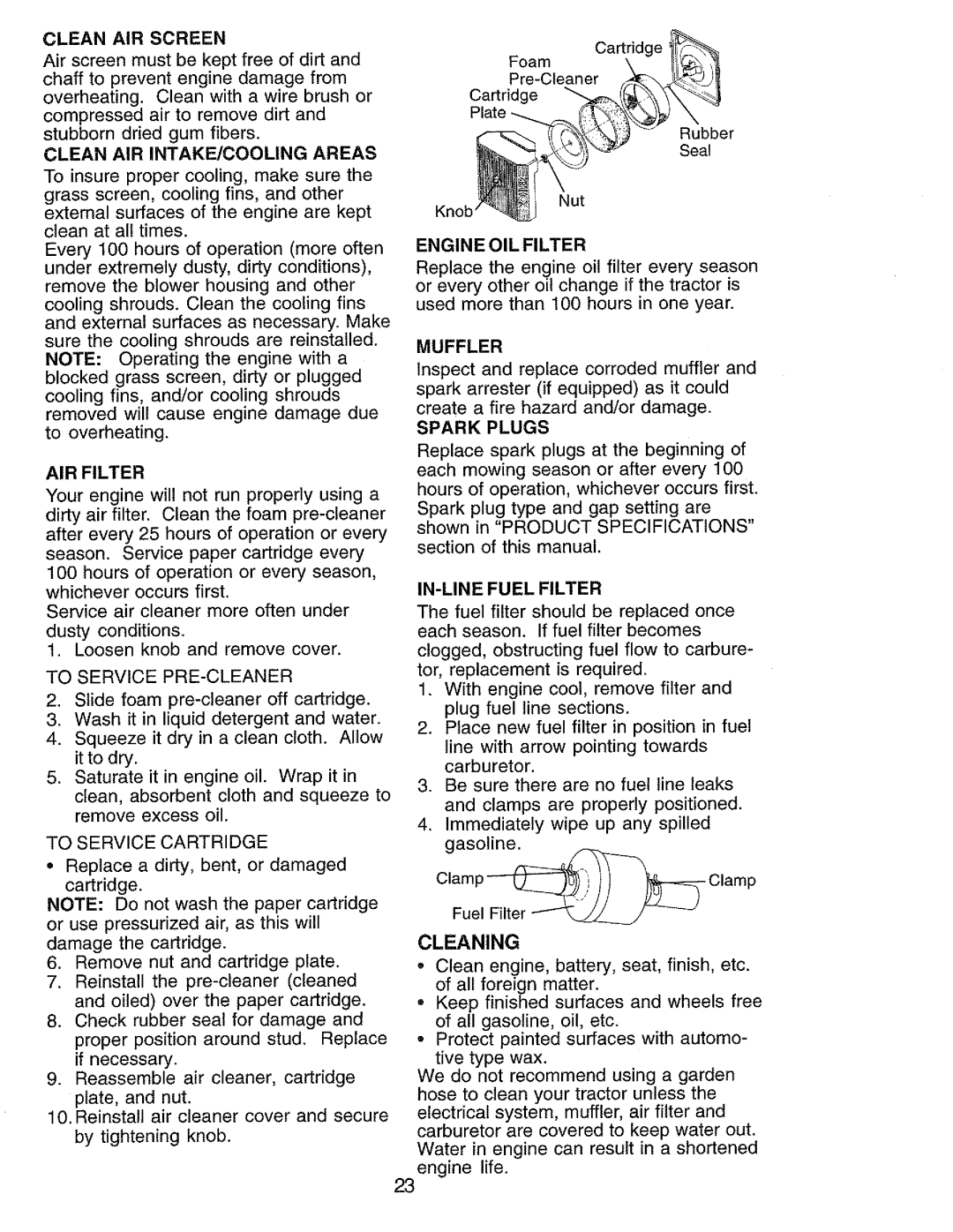 Craftsman 917.273062 owner manual Clean AIR Screen, Engine OIL Filter, Muffler, Spark Plugs, IN-LINE Fuel Filter, Cleaning 