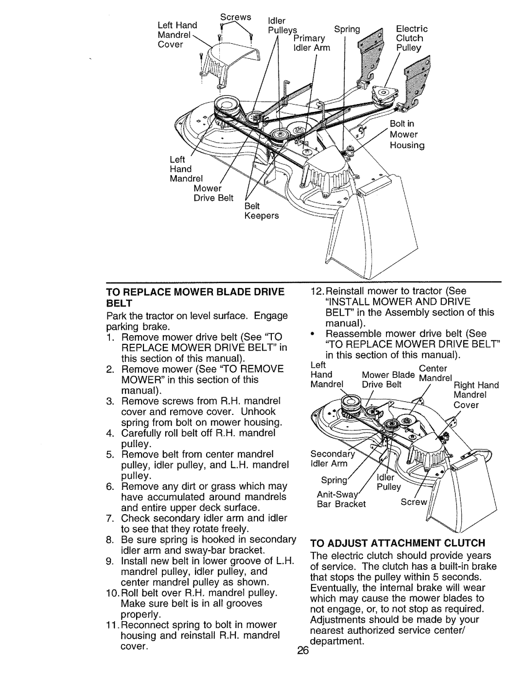 Craftsman 917.273062 To Replace Mower Blade Drive Belt, To Replace Mower Drive Belt, To Adjust Attachment Clutch 