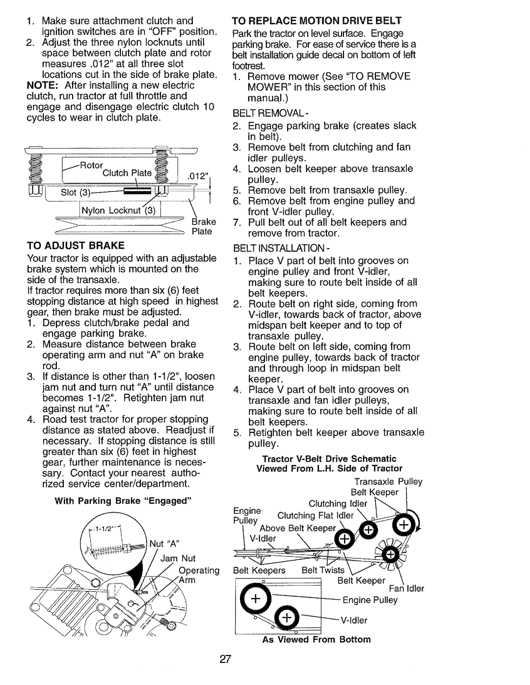 Craftsman 917.273062 owner manual To Adjust Brake, Belt Removal, Belt Installation 