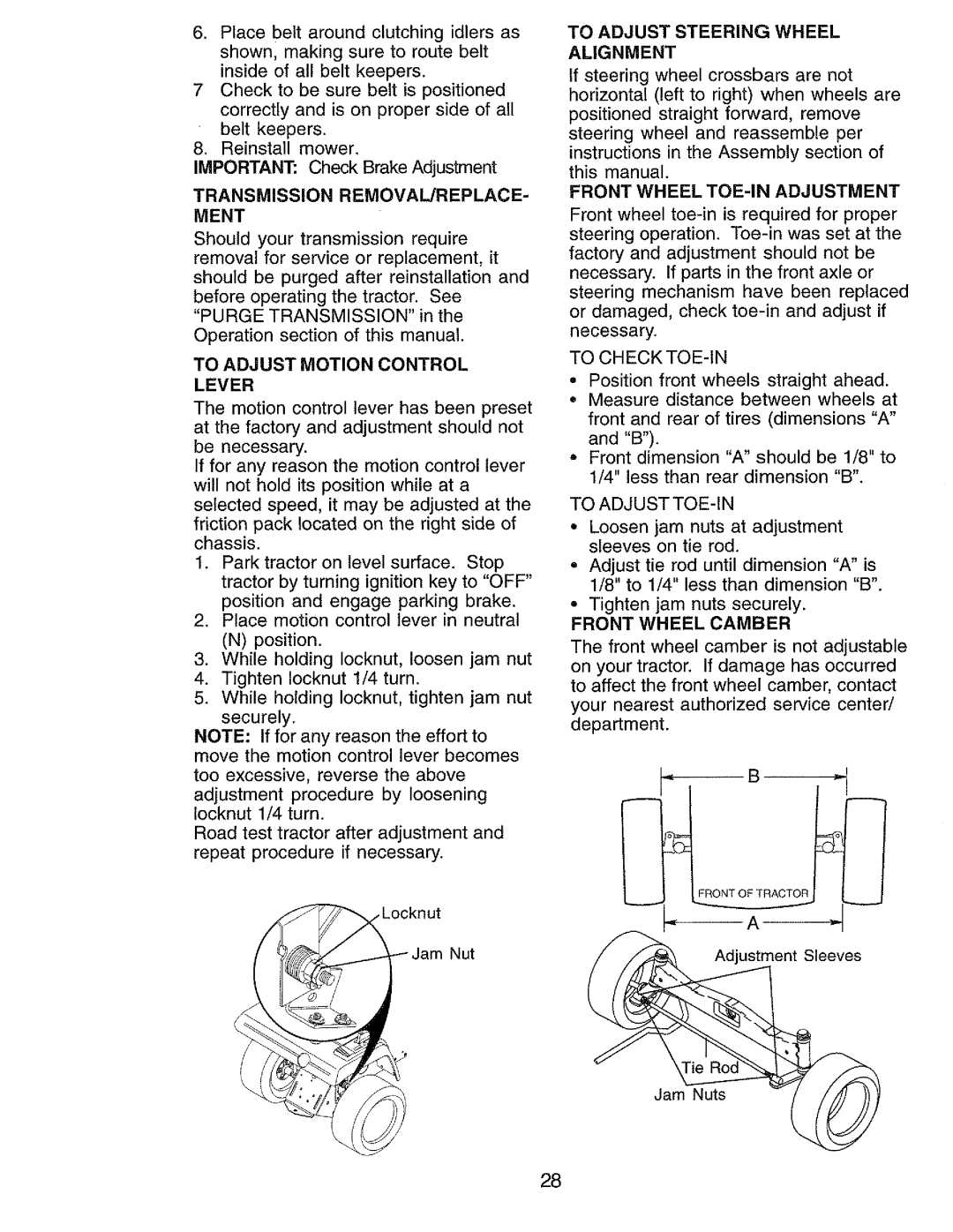 Craftsman 917.273062 Transmission REMOVAL/REPLACE- Ment, To Adjust Motion Control Lever, Front Wheel TOE-INADJUSTMENT 