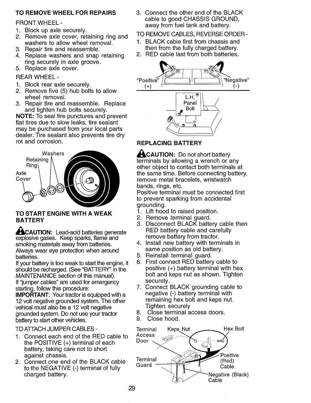 Craftsman 917.273062 owner manual To Remove Wheel for Repairs, To Start Engine with a Weak Battery, Replacing Battery 